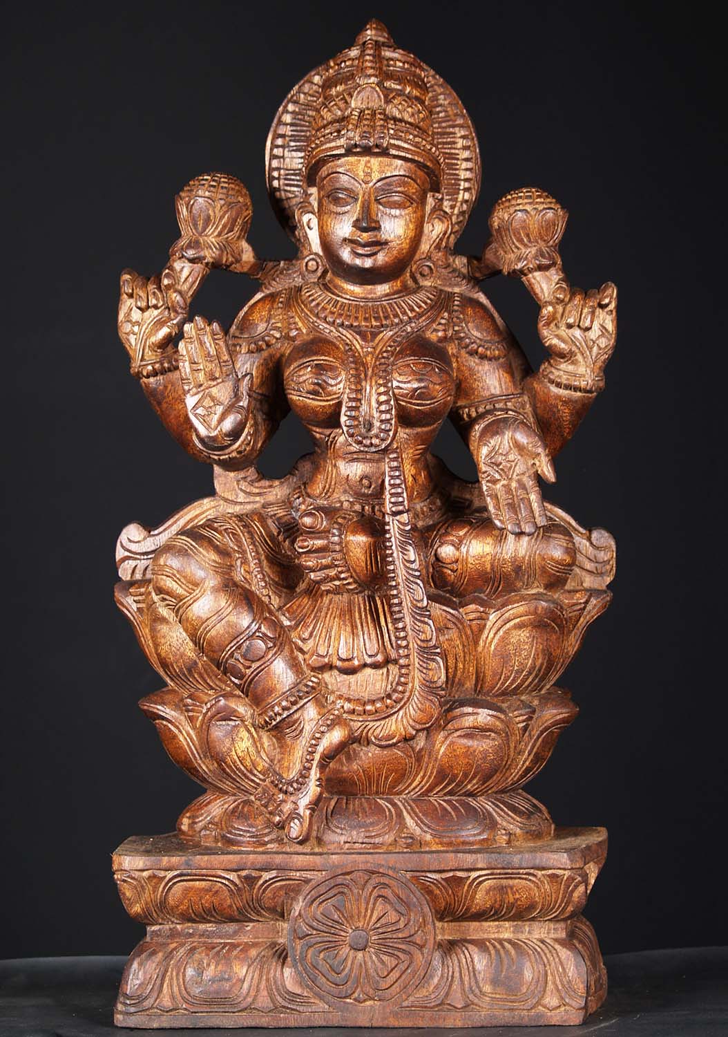 SOLD Wood Lakshmi Statue Holding Lotus Flower W Ft Hindu Gods Buddha Statues