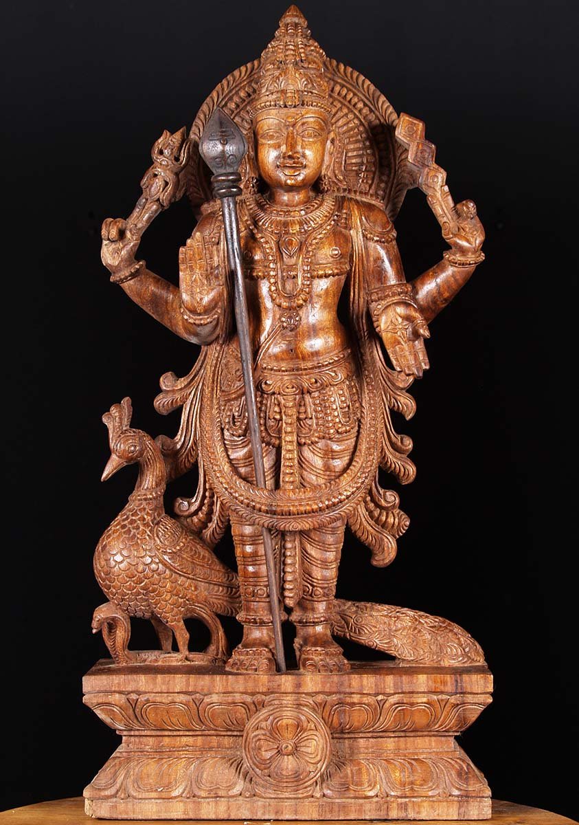 SOLD Wood Murugan With Peacock 30" (76w19a) Hindu Gods