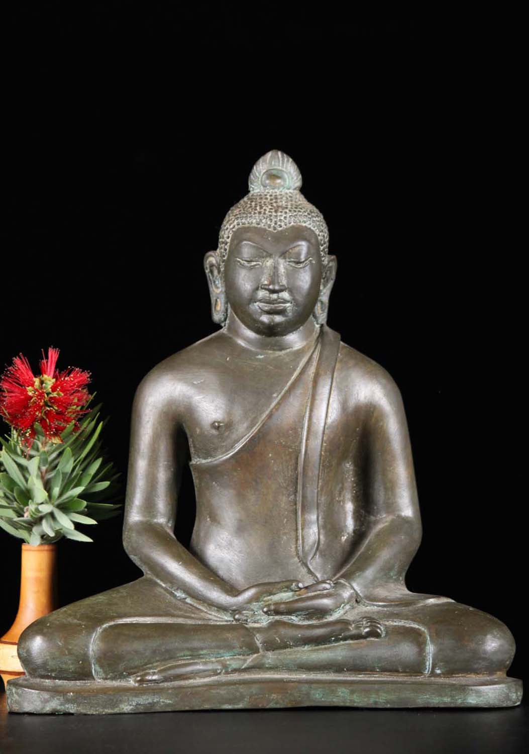 Brass Ardha Padmasana Seated Sri Lankan Style Meditating Buddha with Long Ear Lobes 11"