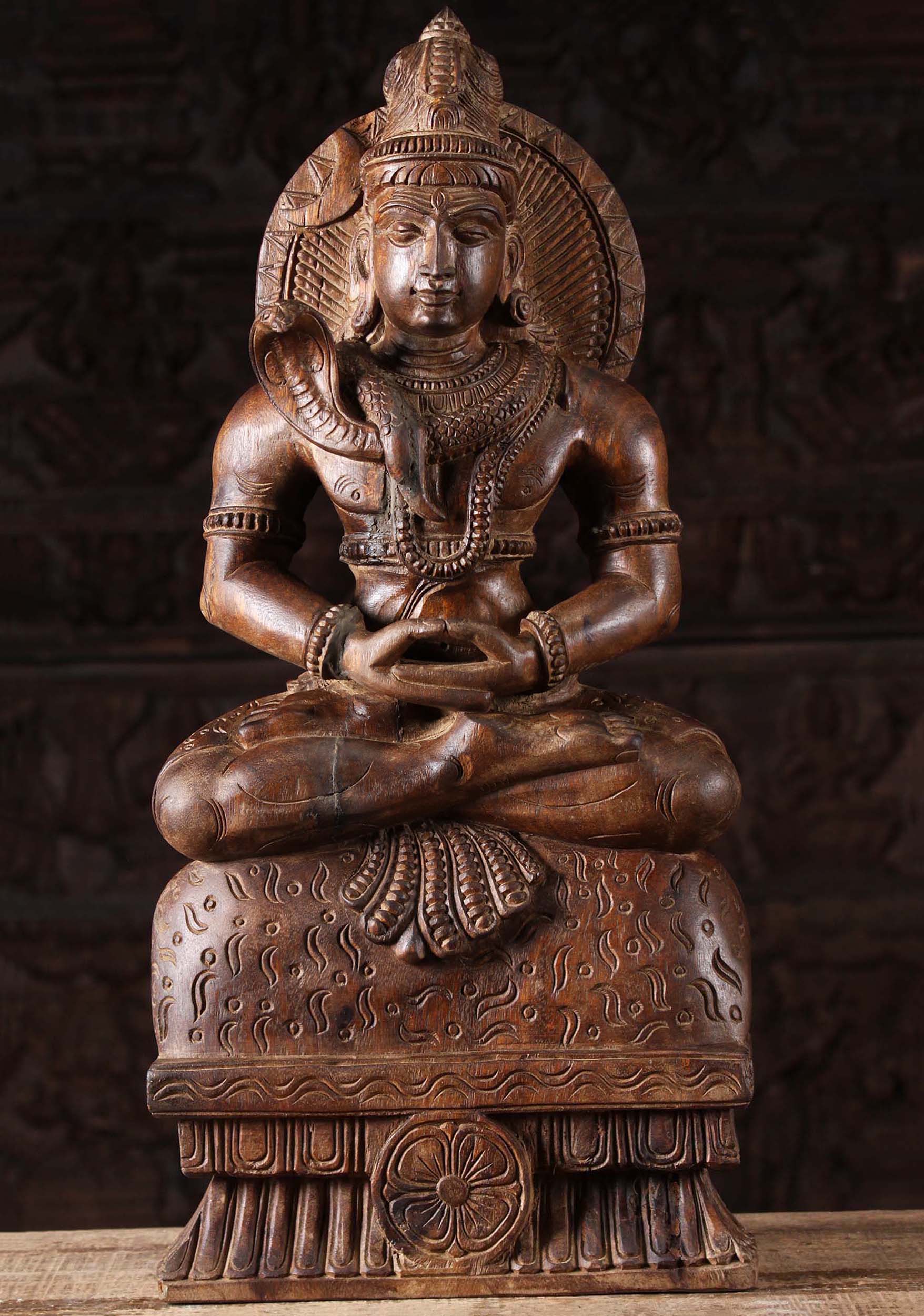 Wood Meditating Shiva with Cobra Necklace 24"