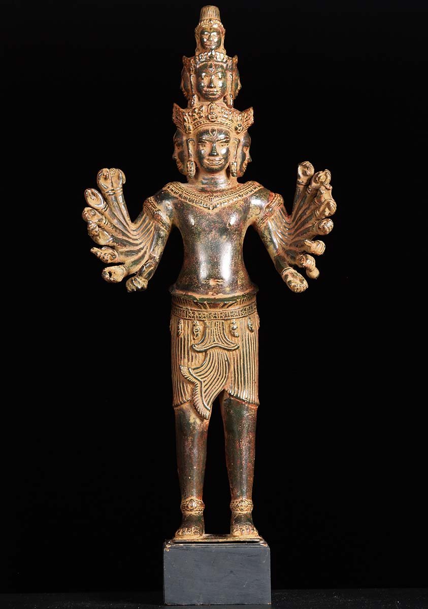 Cambodian Brass Hevajra Statue with 16 Arms & 8 Faces Wearing Dhothi on Black Base 24"