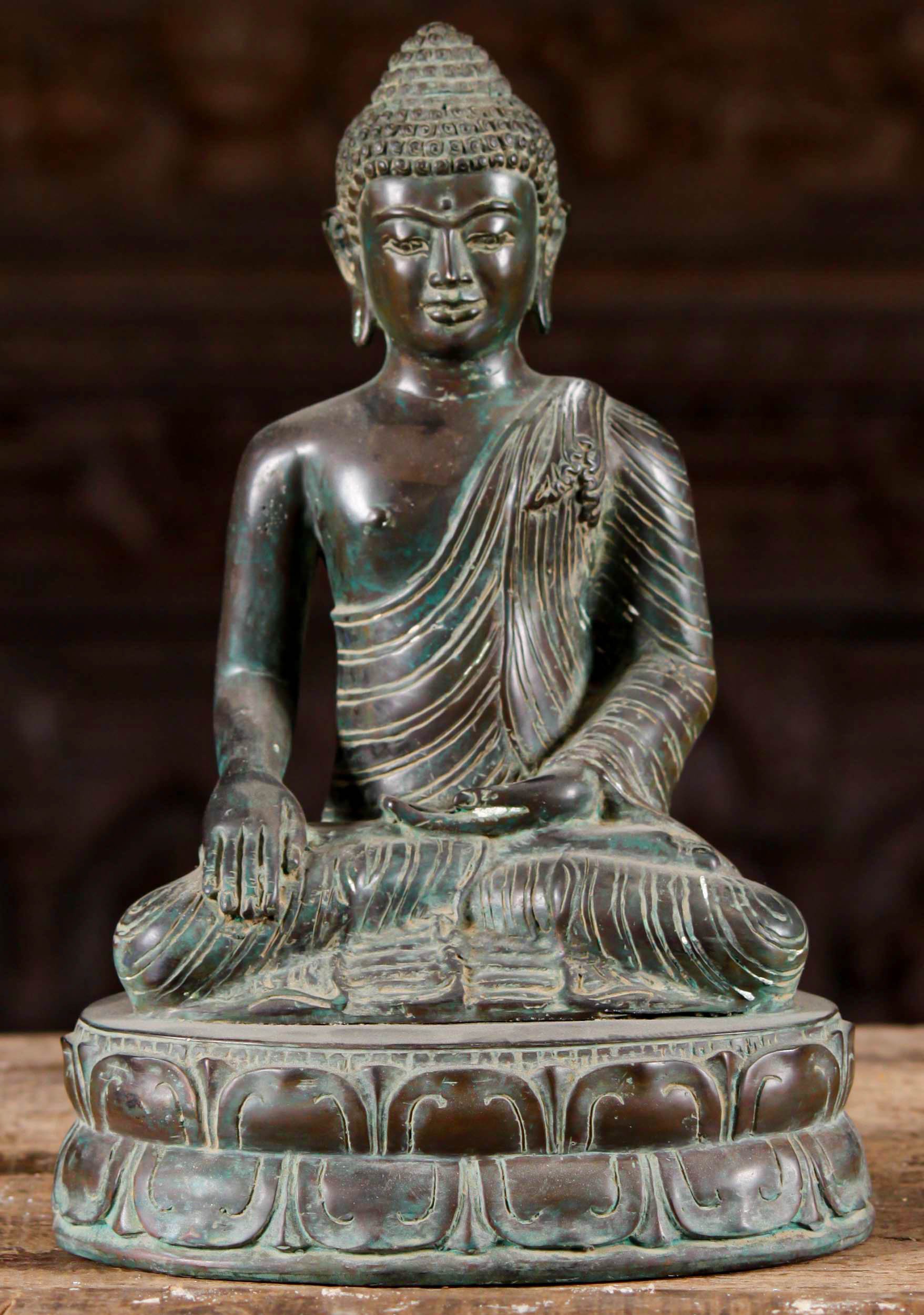 Brass Buddha Statue with Right Hand Reaching for the Ground on Circular Double Lotus Base 12"