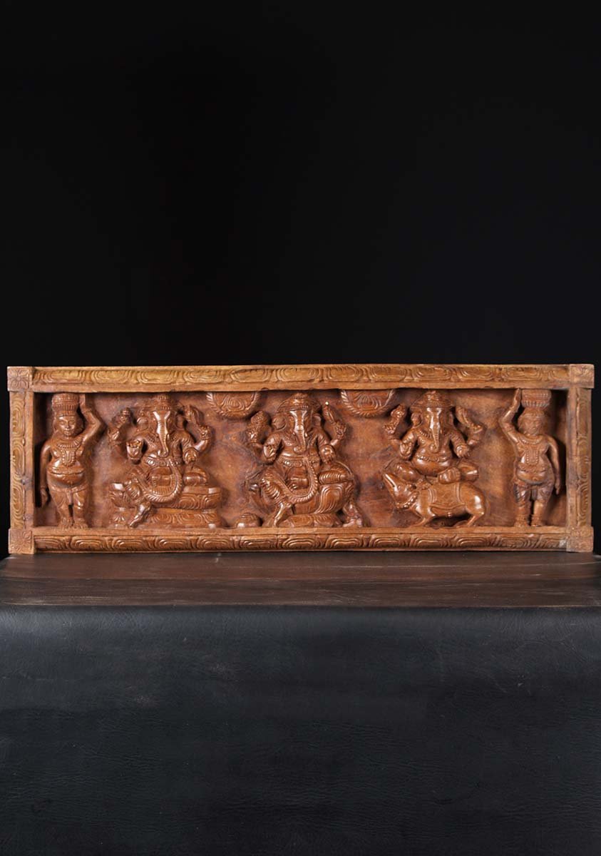 Wooden Panel of 3 Ganeshas & 2 Gana 36"