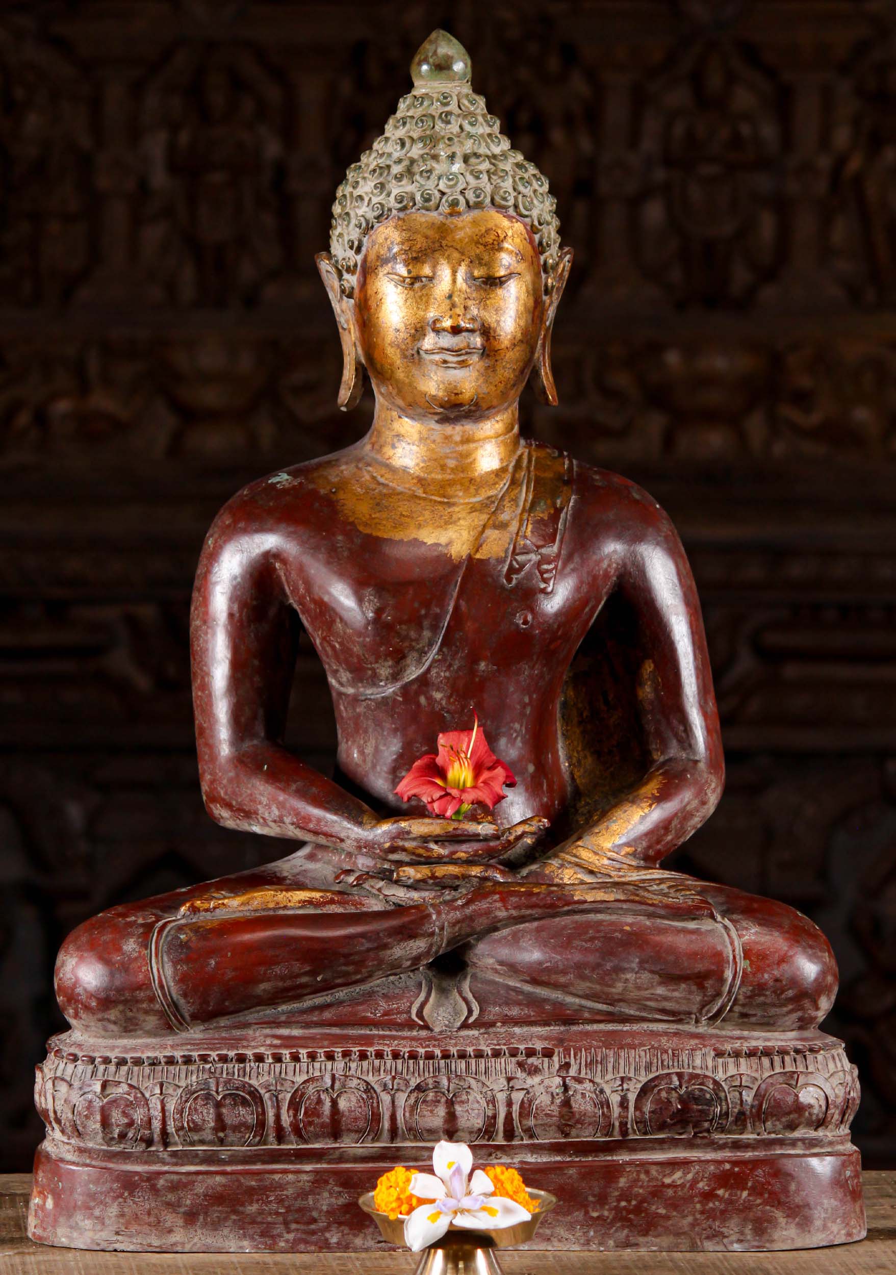 Meditating Buddha with Antique Red Patina 30"