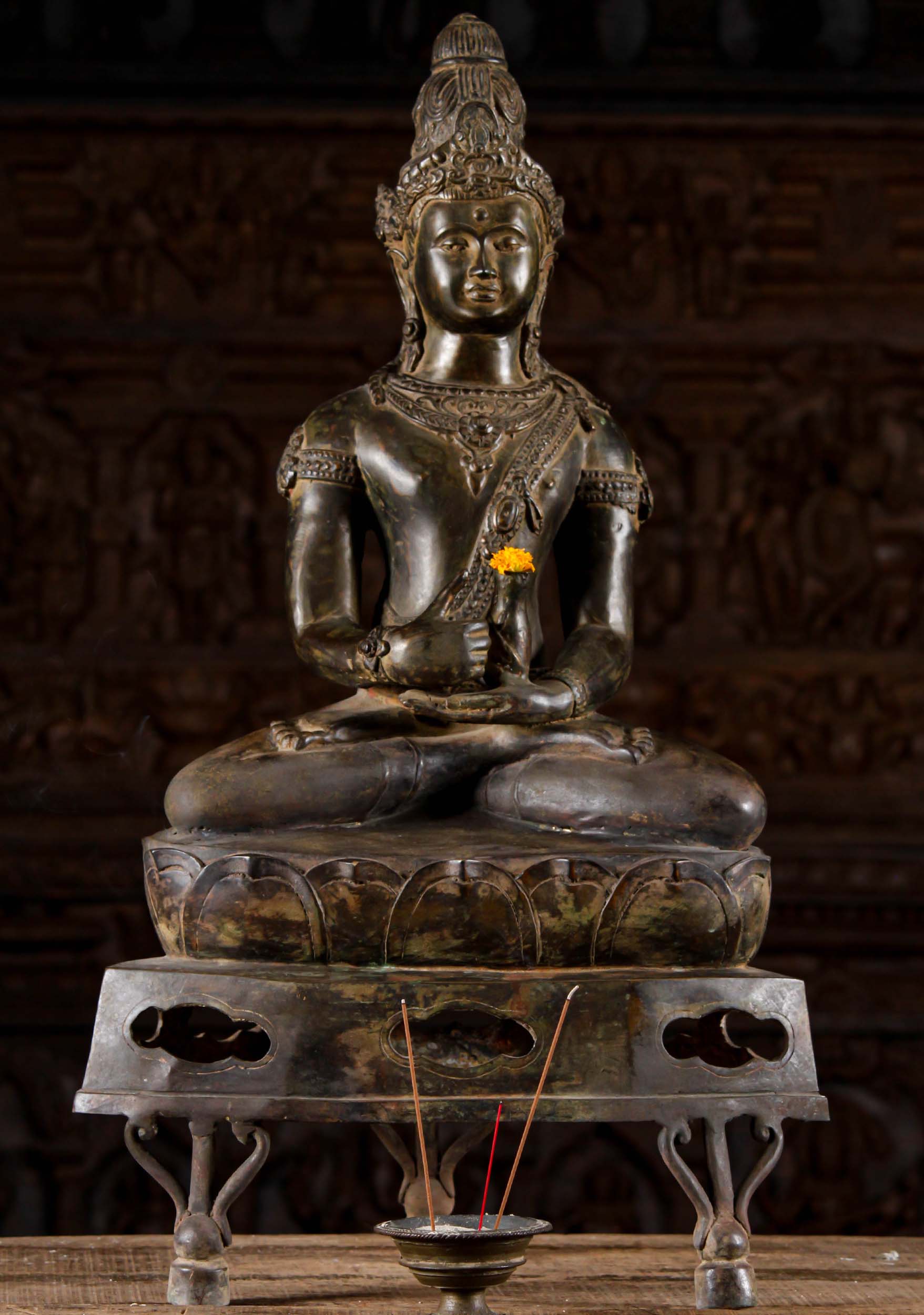 Thai  Buddha Statue Wearing Unique Conical Style Headdress Seated in Padmasana Position 33"