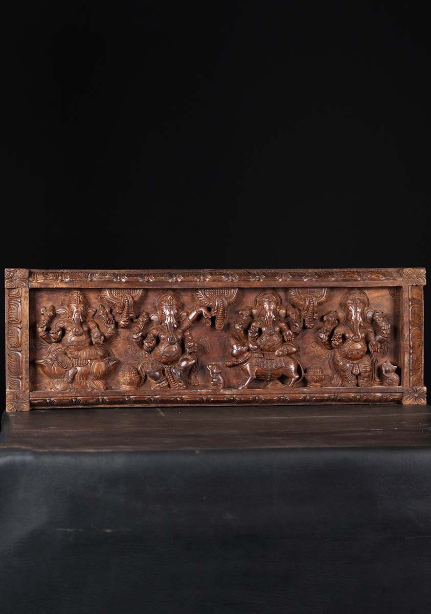 Hindu Wood Panel of 4 Ganeshas 36"