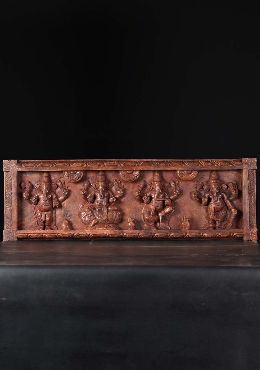 Wooden Wall Panel of 4 Ganeshas 36"