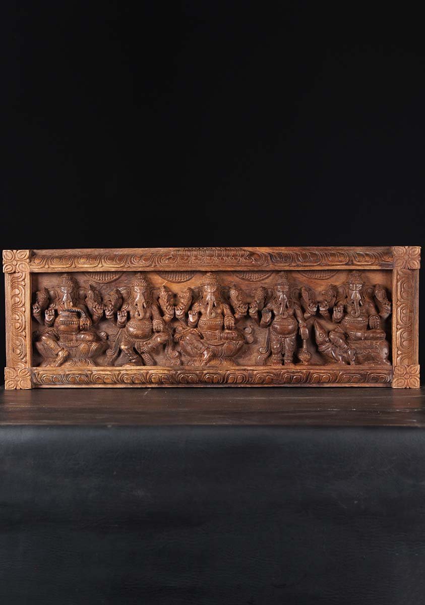 Wooden Wall Panel of 5 Ganeshas 36"