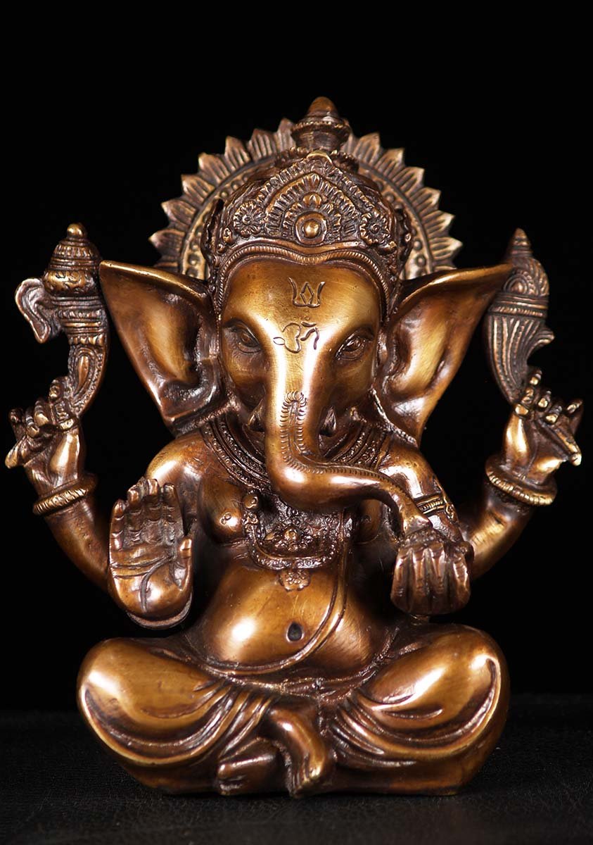 Small Brass Abhaya Mudra Seated Ganesh Statue with Vehicle, the Rat Mooshika 8"