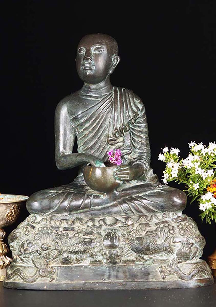 Brass Monk Statue Reaching into Alms Bowl 13"