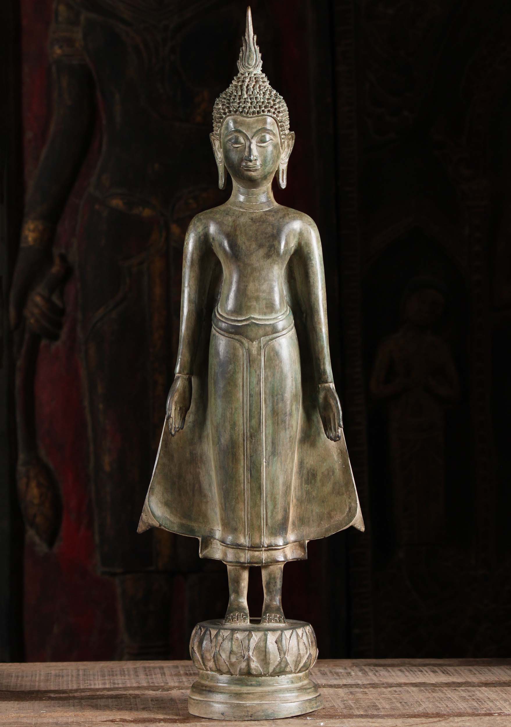 Antique Green Standing Sukhothai Buddha Figure 23"