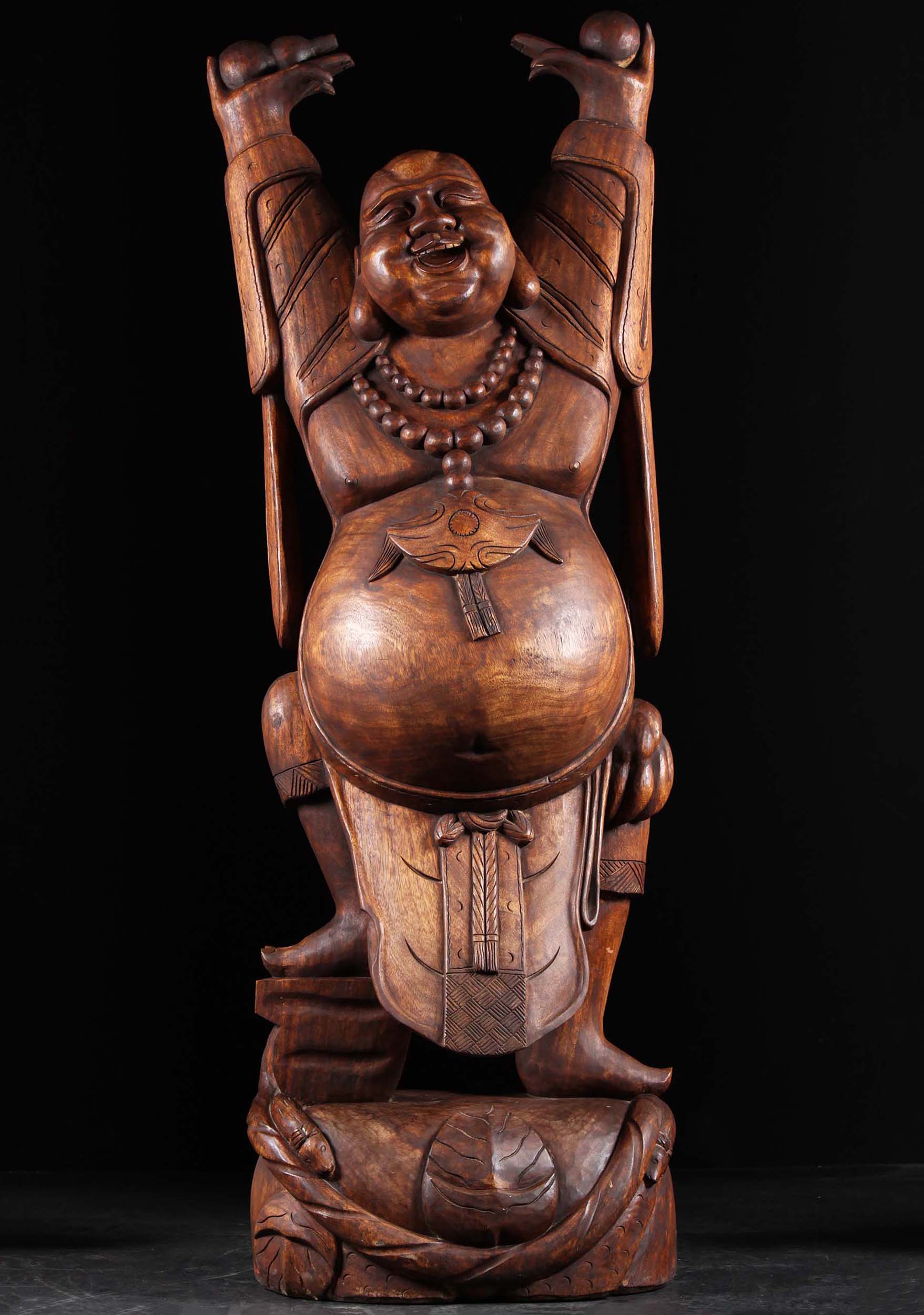 SOLD Antique Wood Fat Happy Dancing Buddha 72 (1a88): Lotus Sculpture