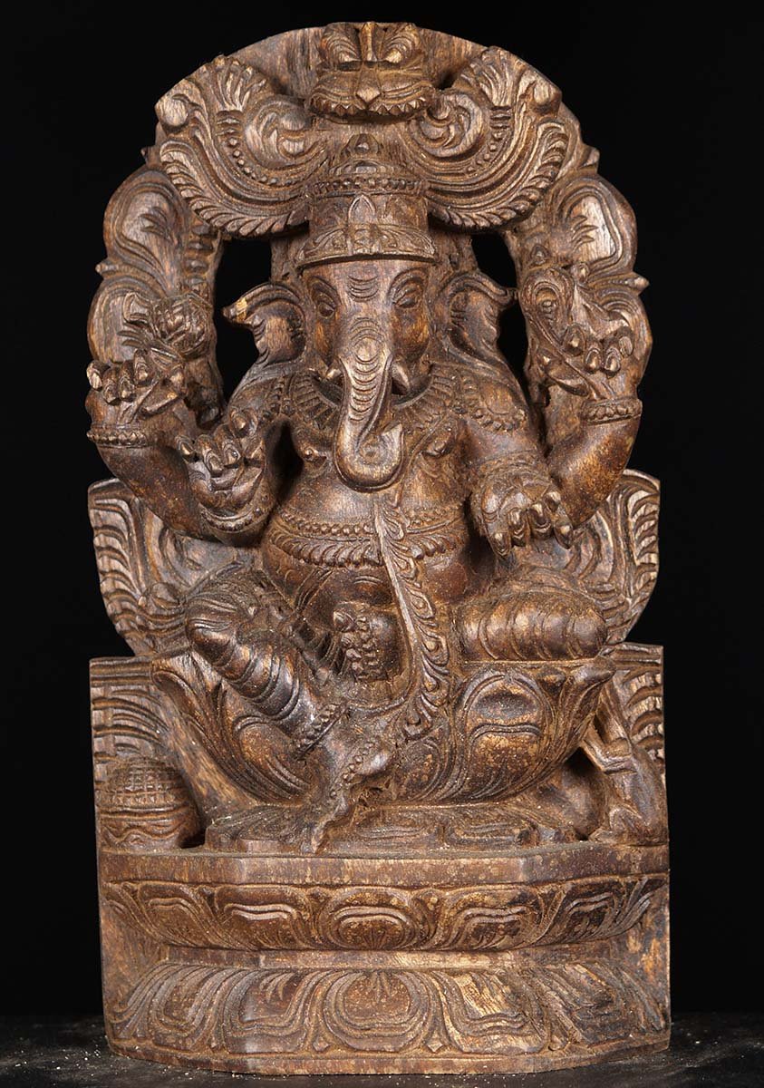 Wooden Ganesh Statue Seated with Arch 12"