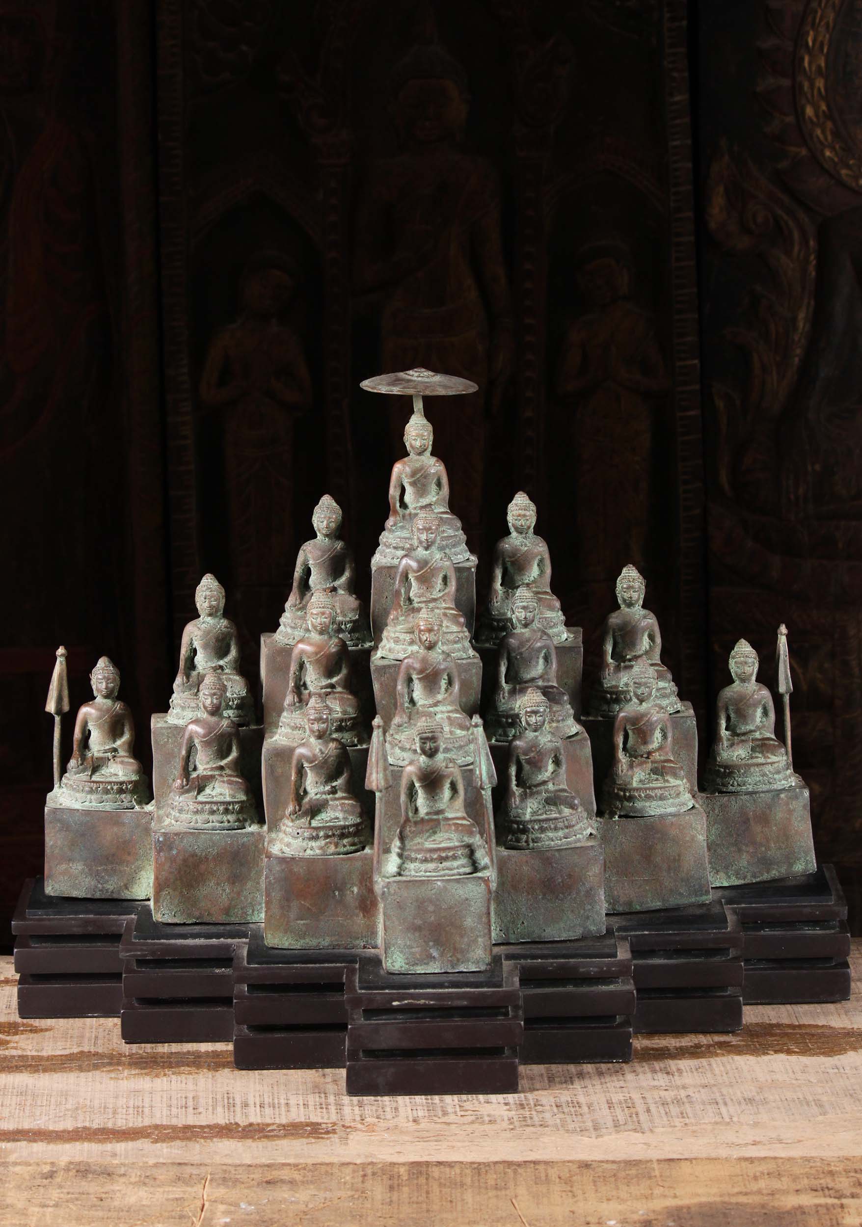 Balinese Brass Antique Green Patina Borodubor Buddha set of 16 Buddhas 18"