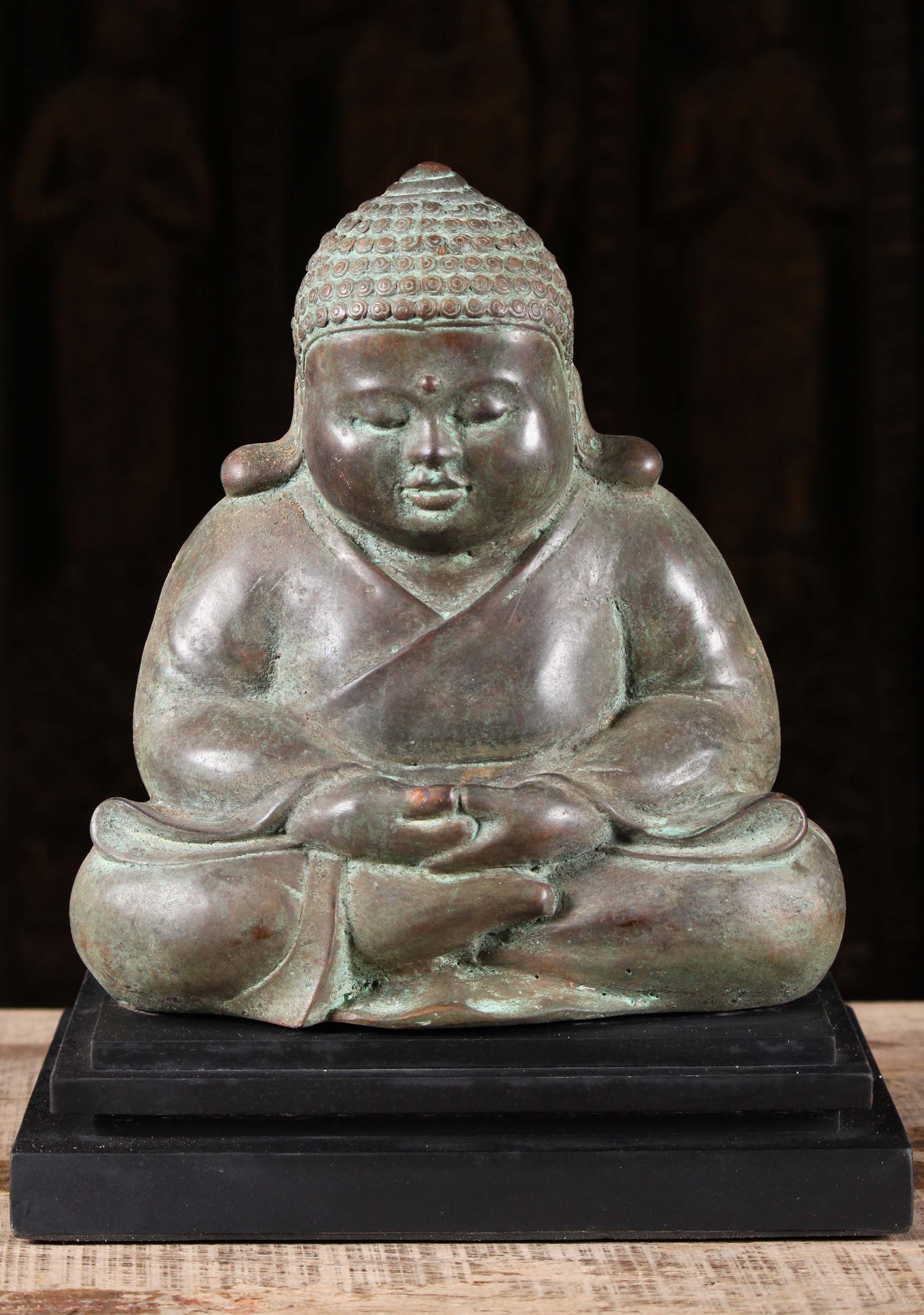 Brass Fat & Happy Buddha Seated in Half Lotus Pose on Black Wood Base with Plump Ears 12"