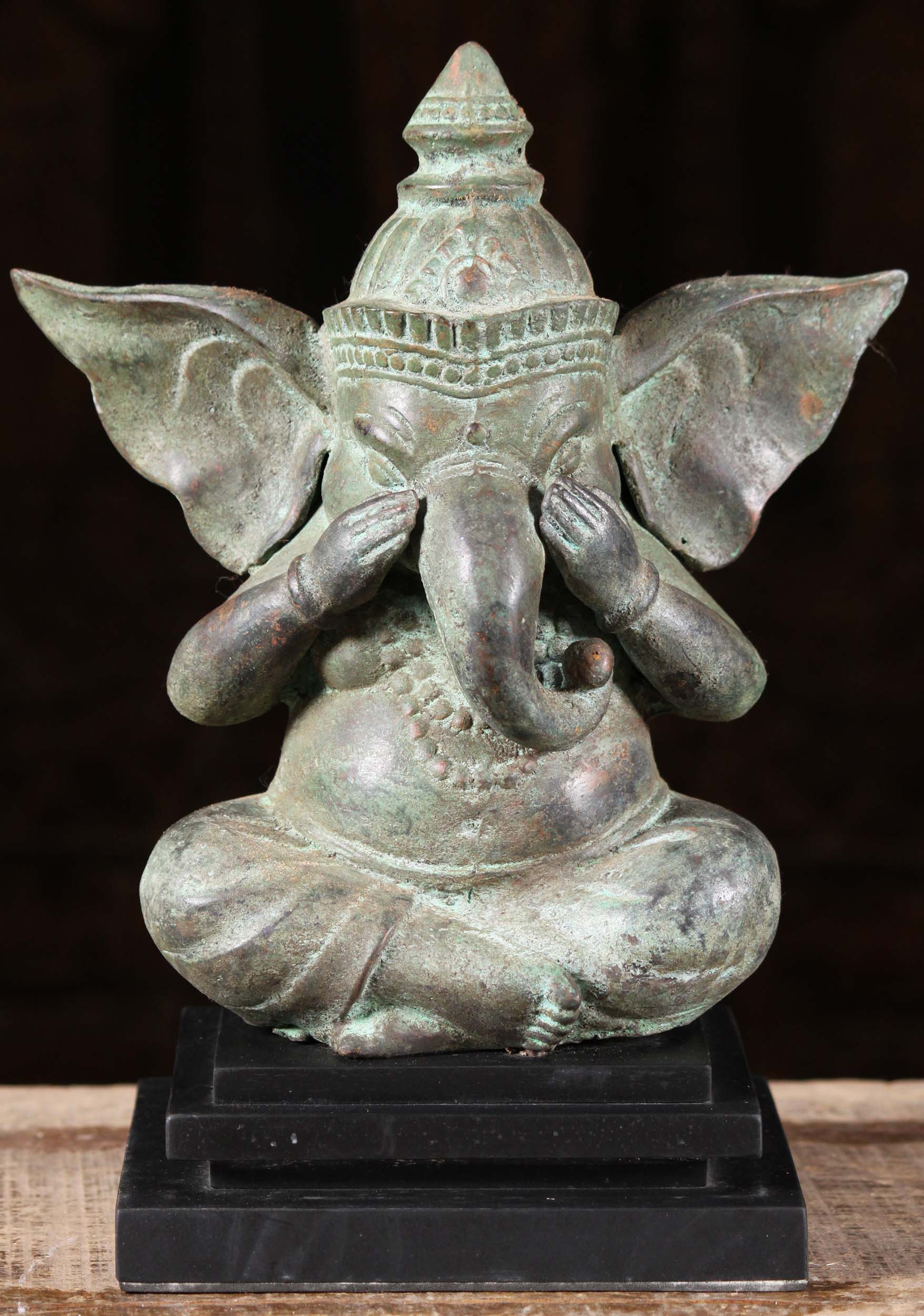 Bali Brass Seated Ganapathi on Wooden Stand 11"