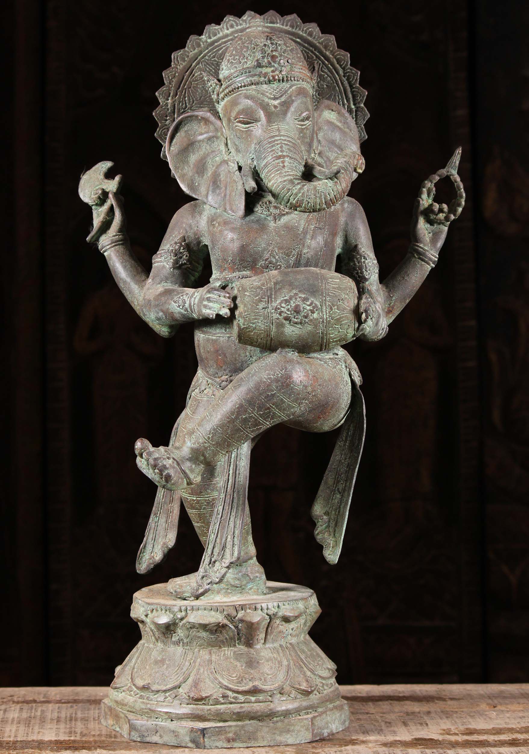 Brass Dancing Ganesh Statue Playing Drum 22"