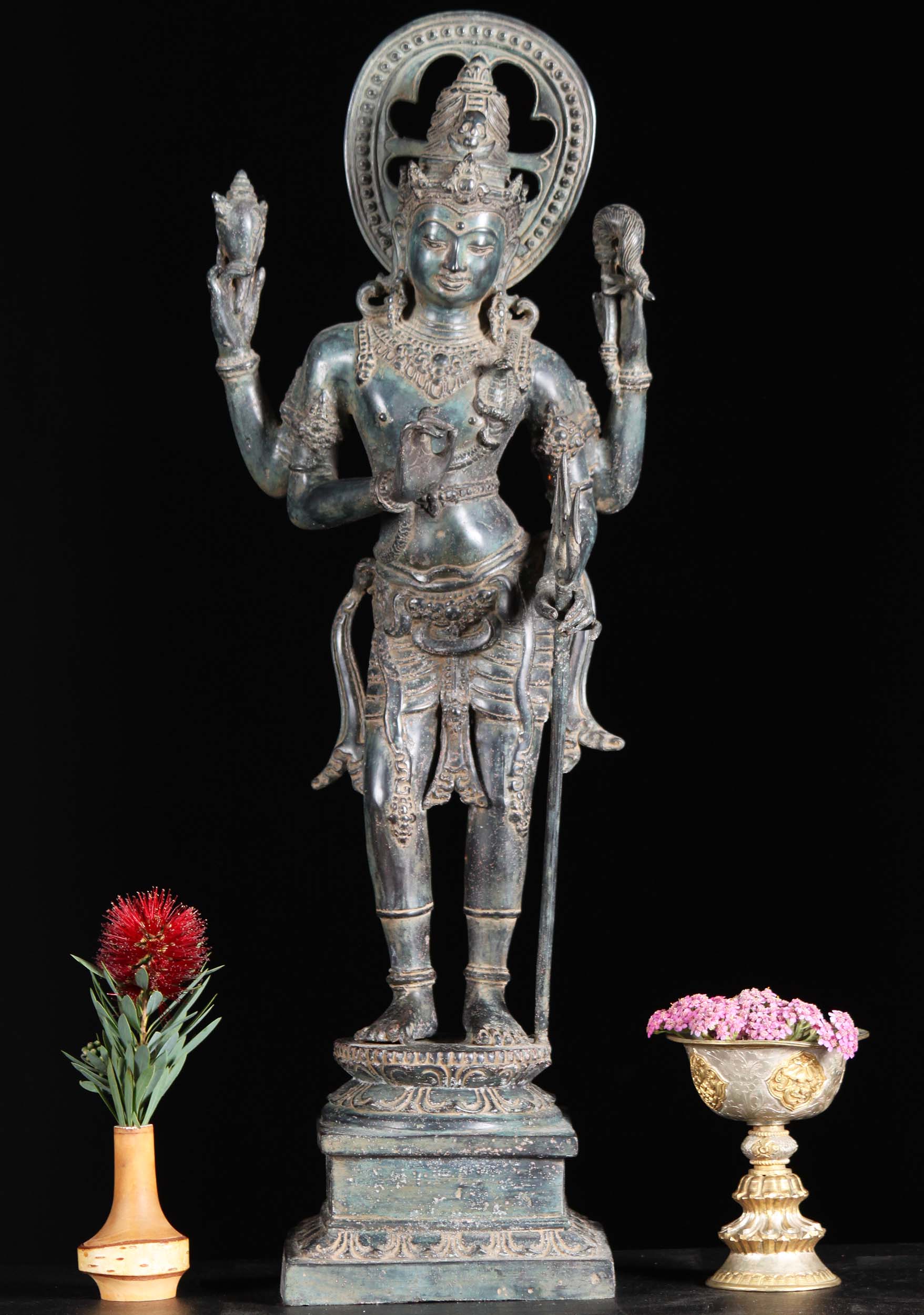 Bali Brass Shiva Statue Holding Conch & Trident 23"