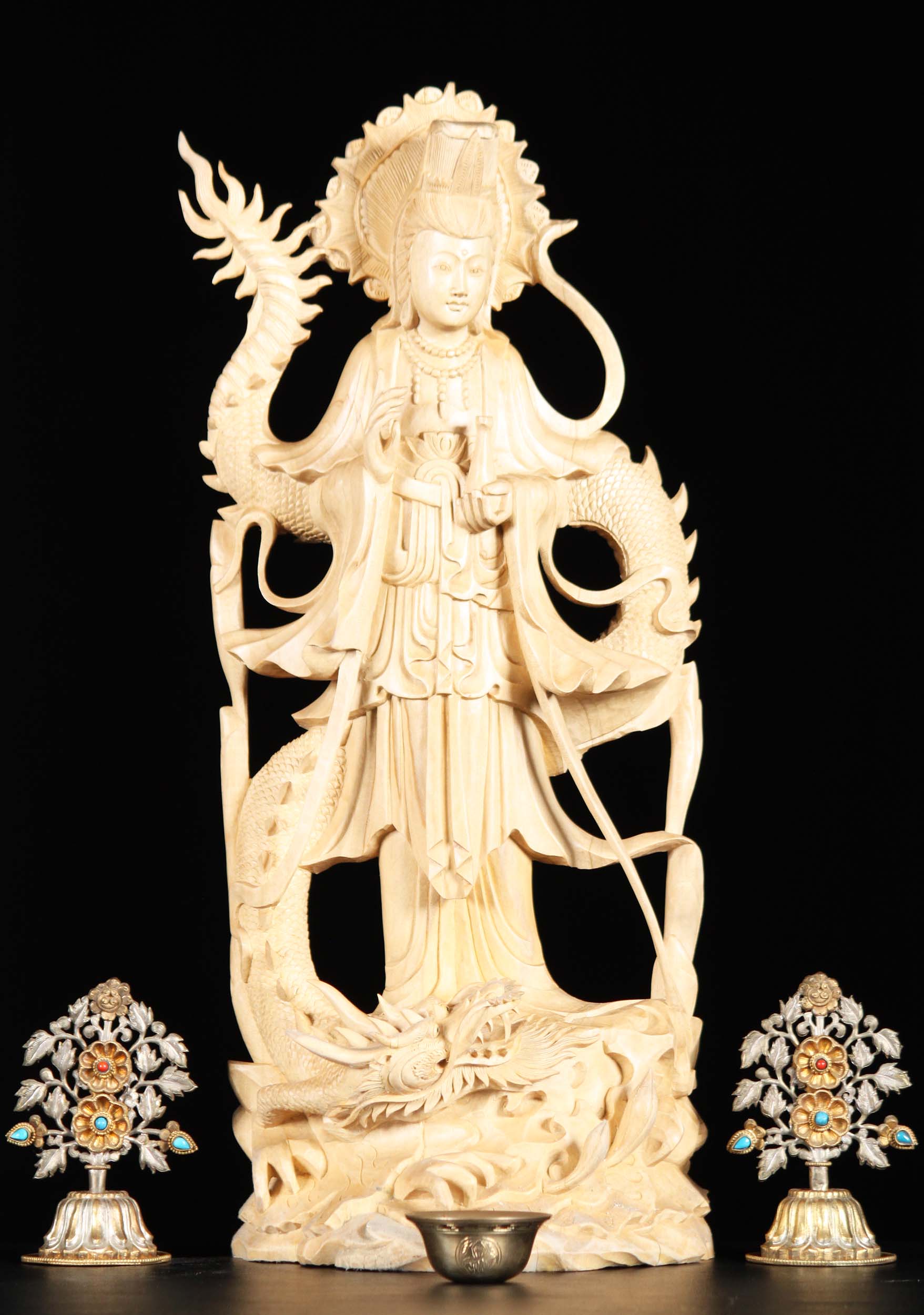 Wooden Kwan Yin Statue with Dragon 20"