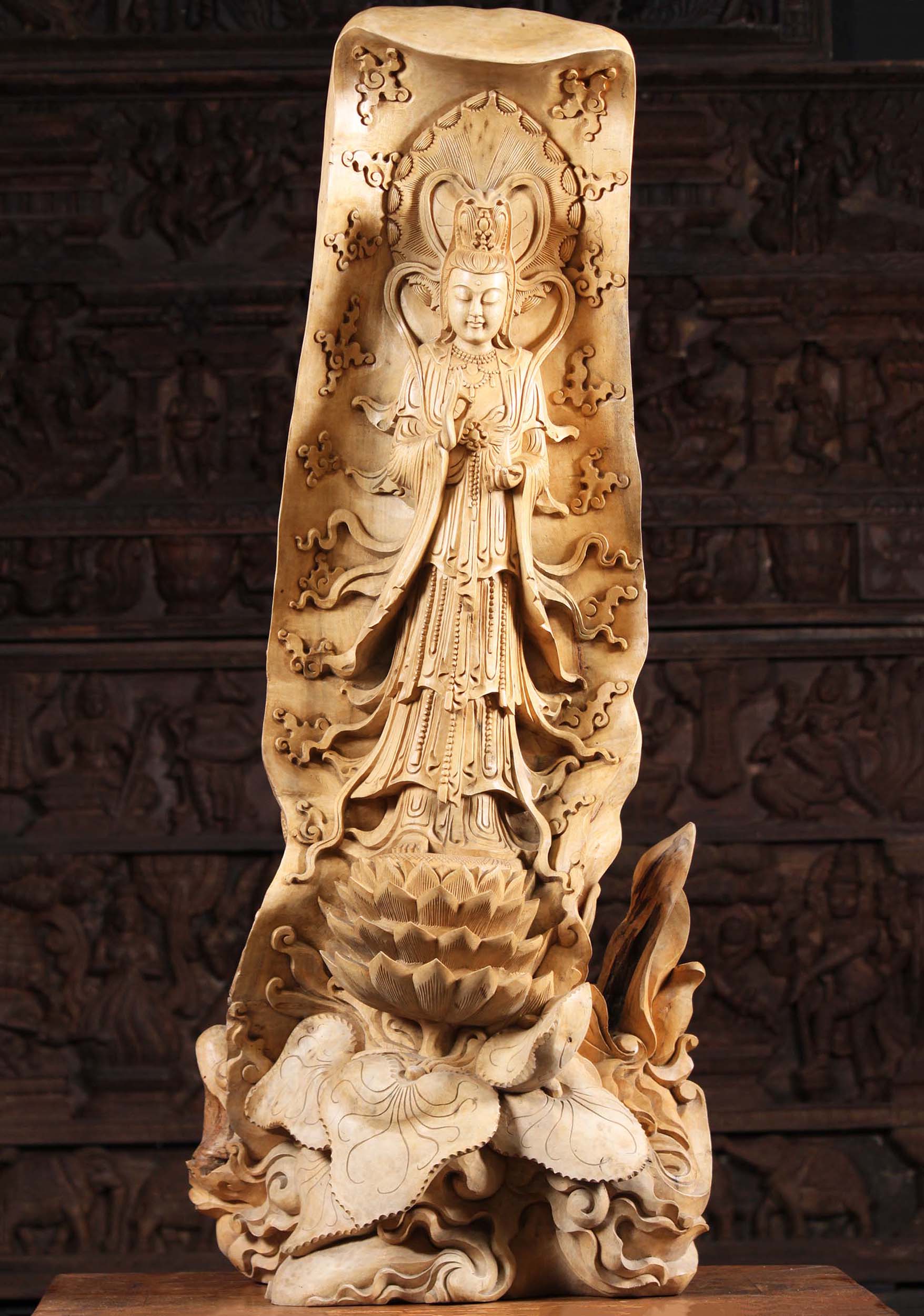 Balinese Kwan Yin Statue on Blooming Lotus 44"