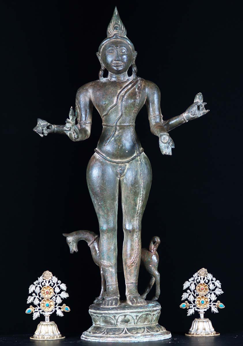 Unique Thai Brass Shiva as Vatuka Bhairava with Dog Holding Skull Cup, Trident Conch & Drum 25"