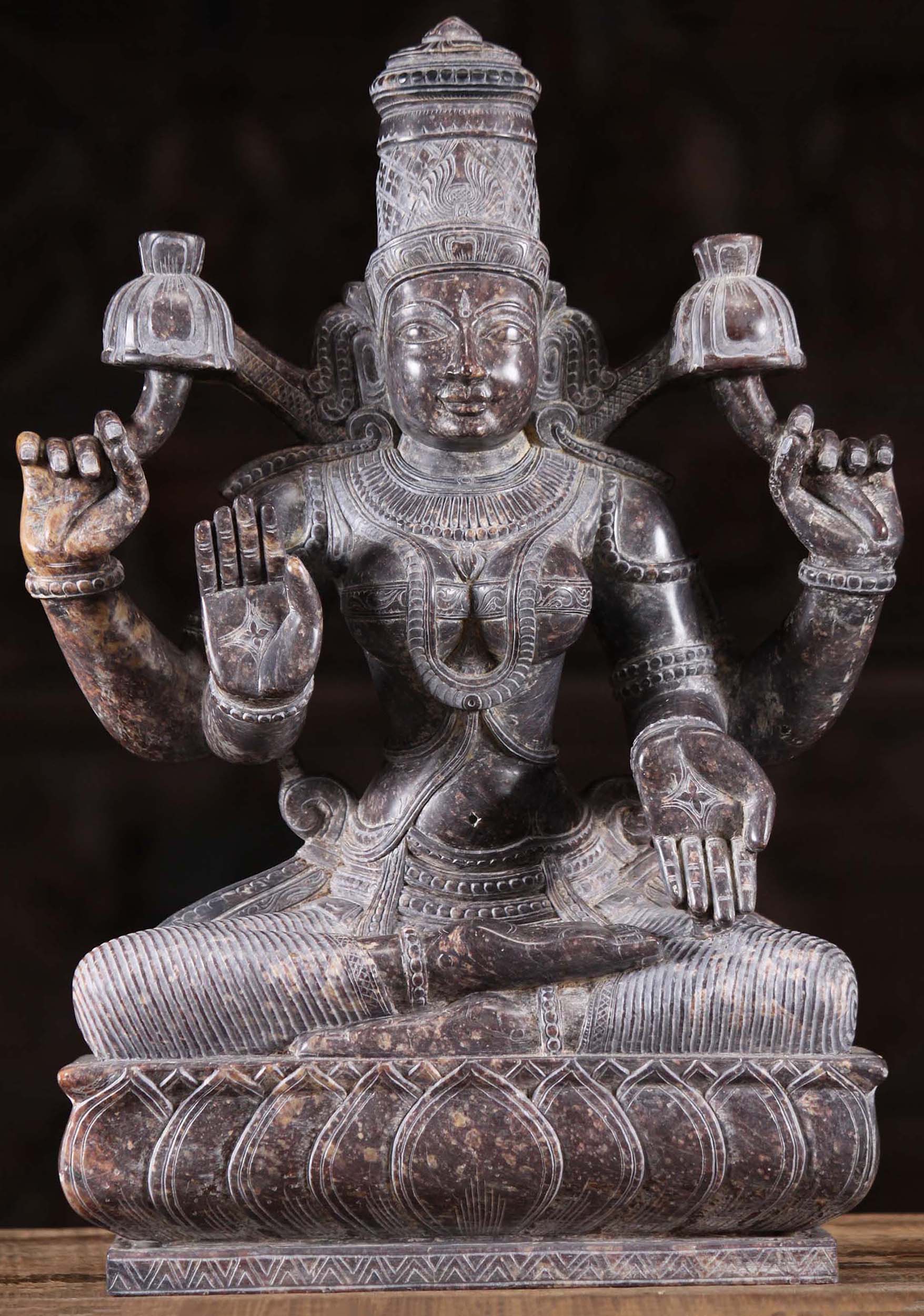 Black Marble Lakshmi Holding Lotus Flowers 16"