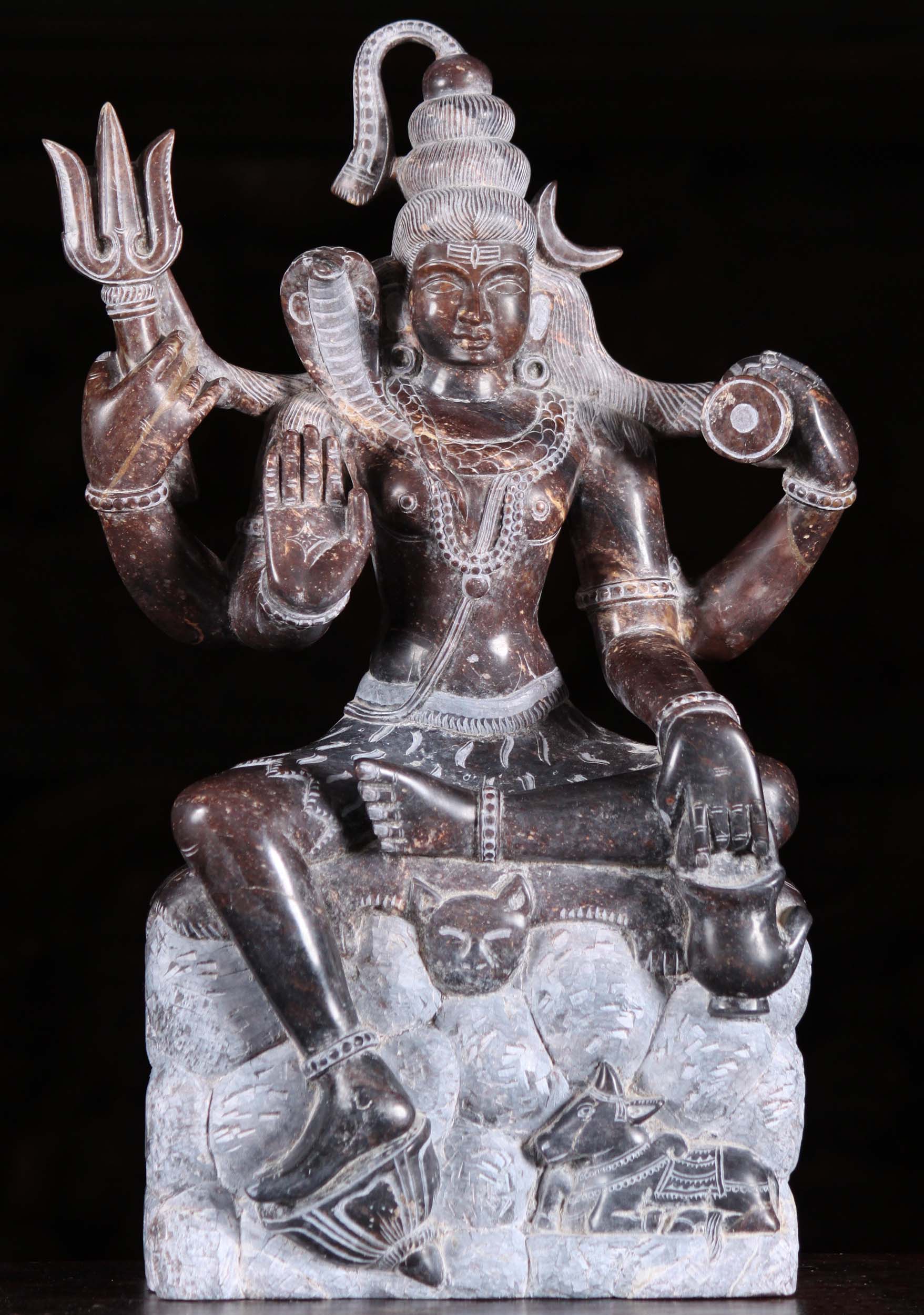 Black Marble Seated Shiva Statue with Nandi 15"