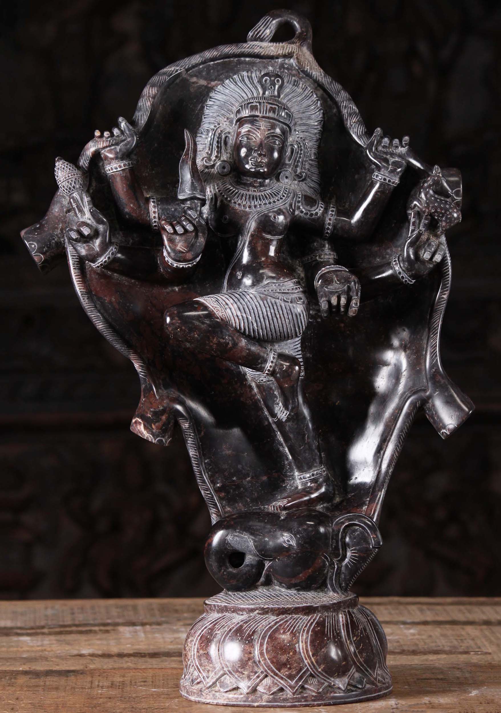 Black Marble Shiva Battling the Elephant Statue Hand Carved by Balan in South India 20"