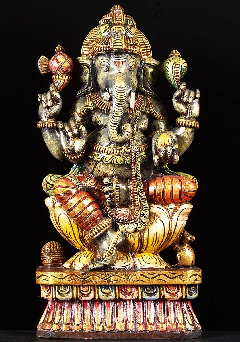 Blue Ganesh Wood Statue 24"