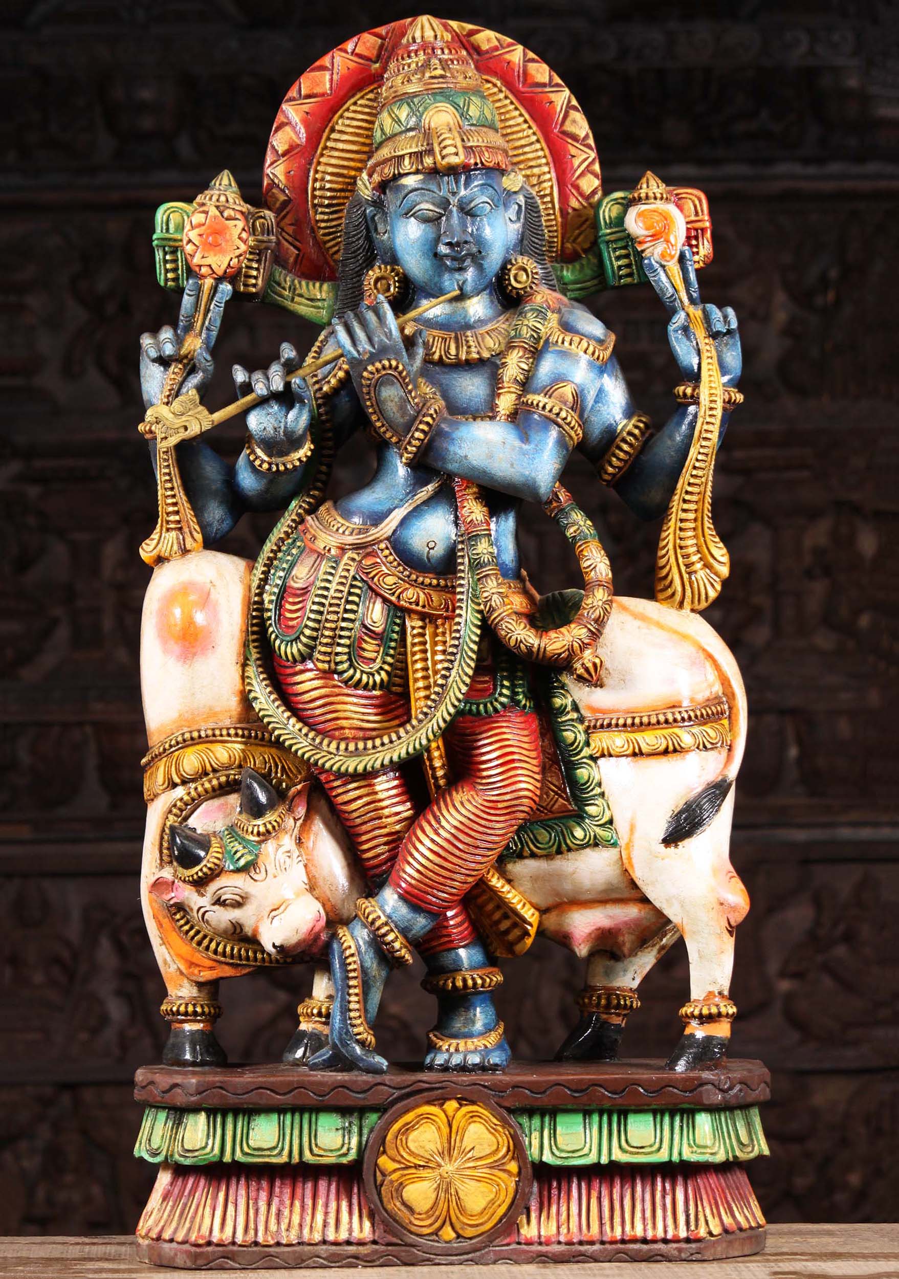 Wooden Blue Krishna Playing Flute with Cow 36"