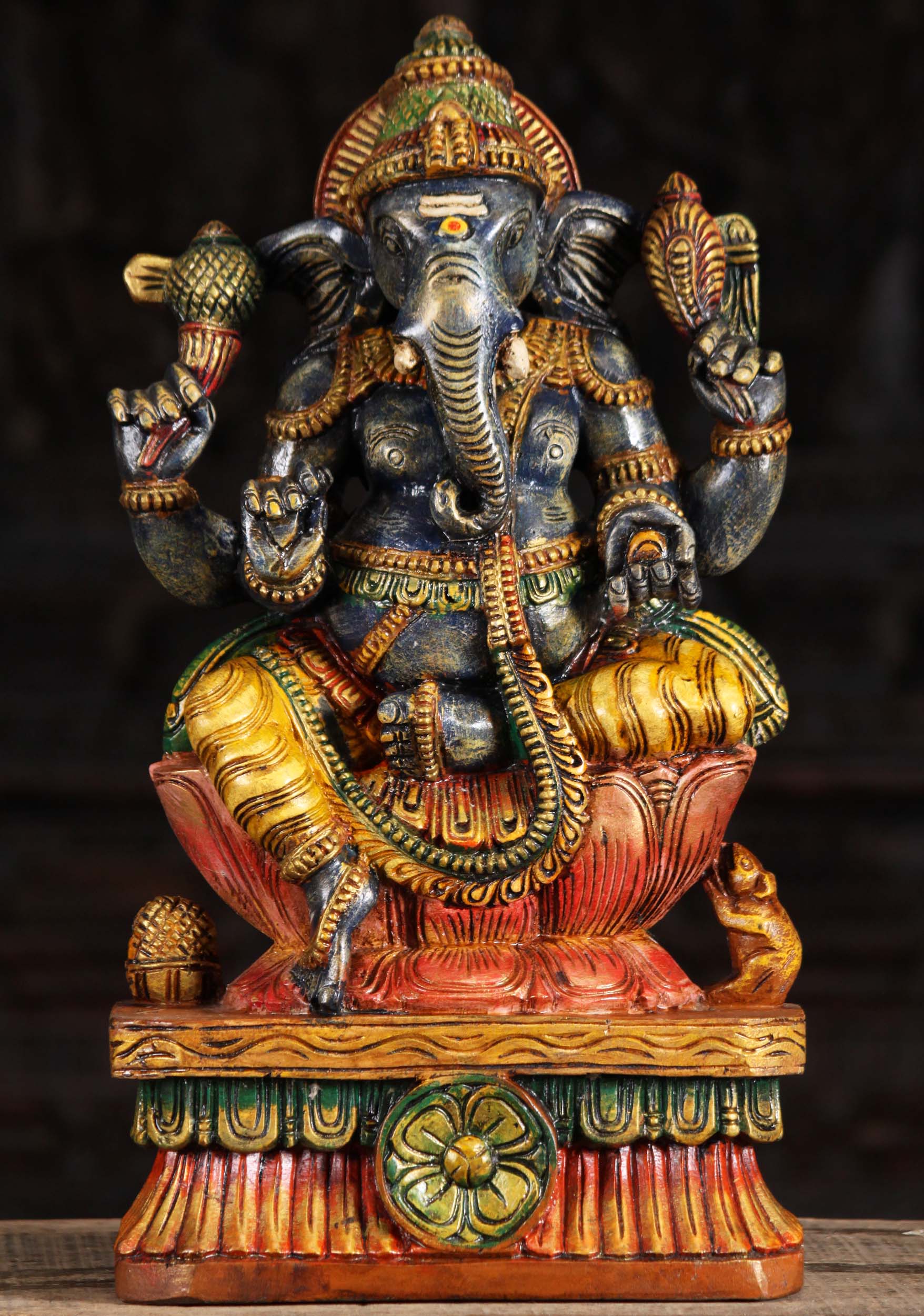 Wood Blue Seated Ganesha Statue 18"