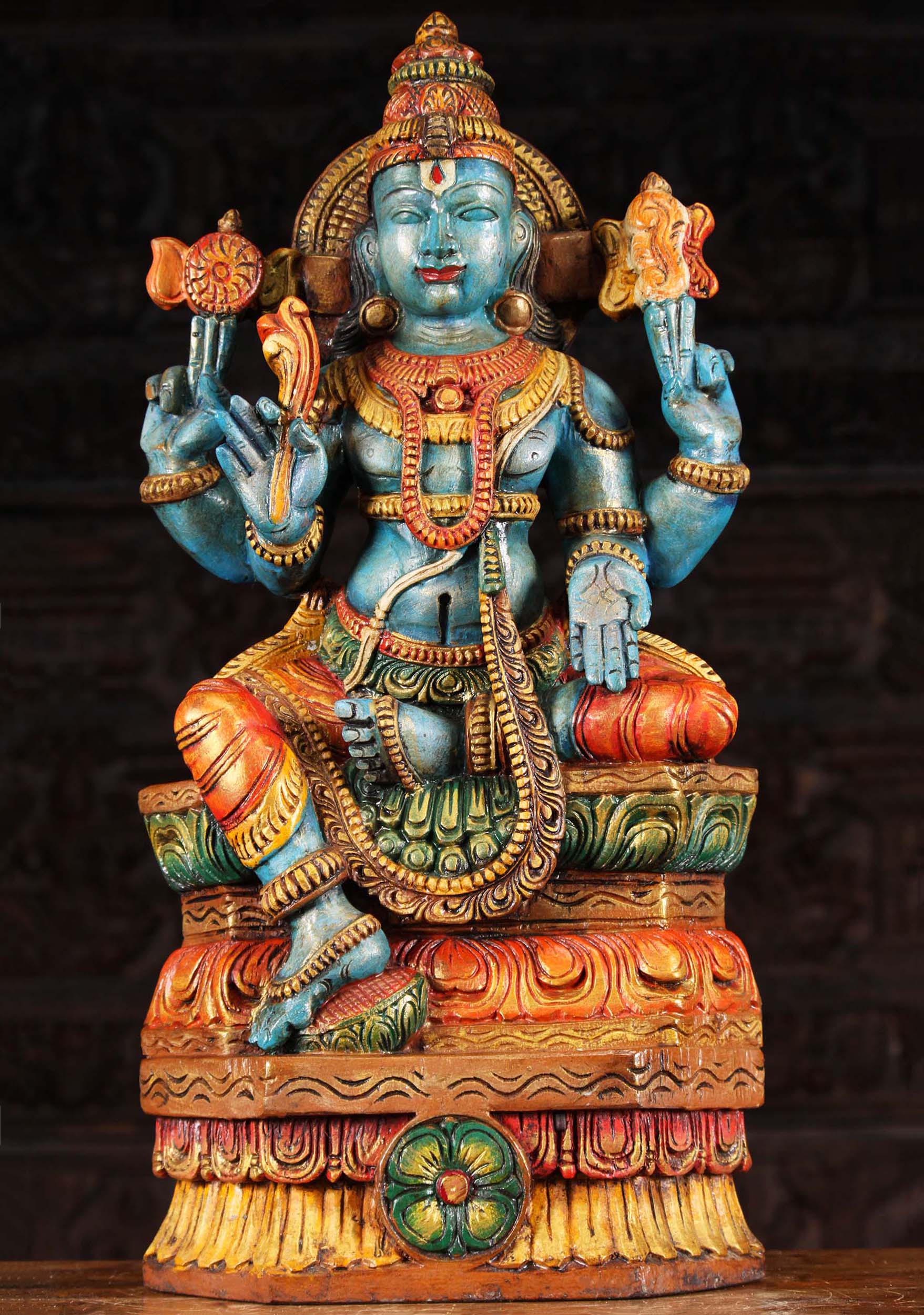 Wooden Blue Vishnu Holding Flower Statue 24"