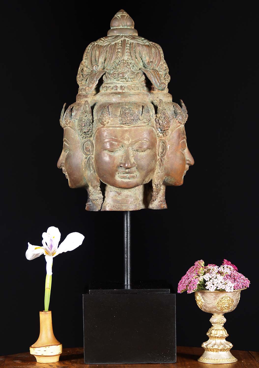 Brass Bust of Lord Brahma on Wooden Base  21"