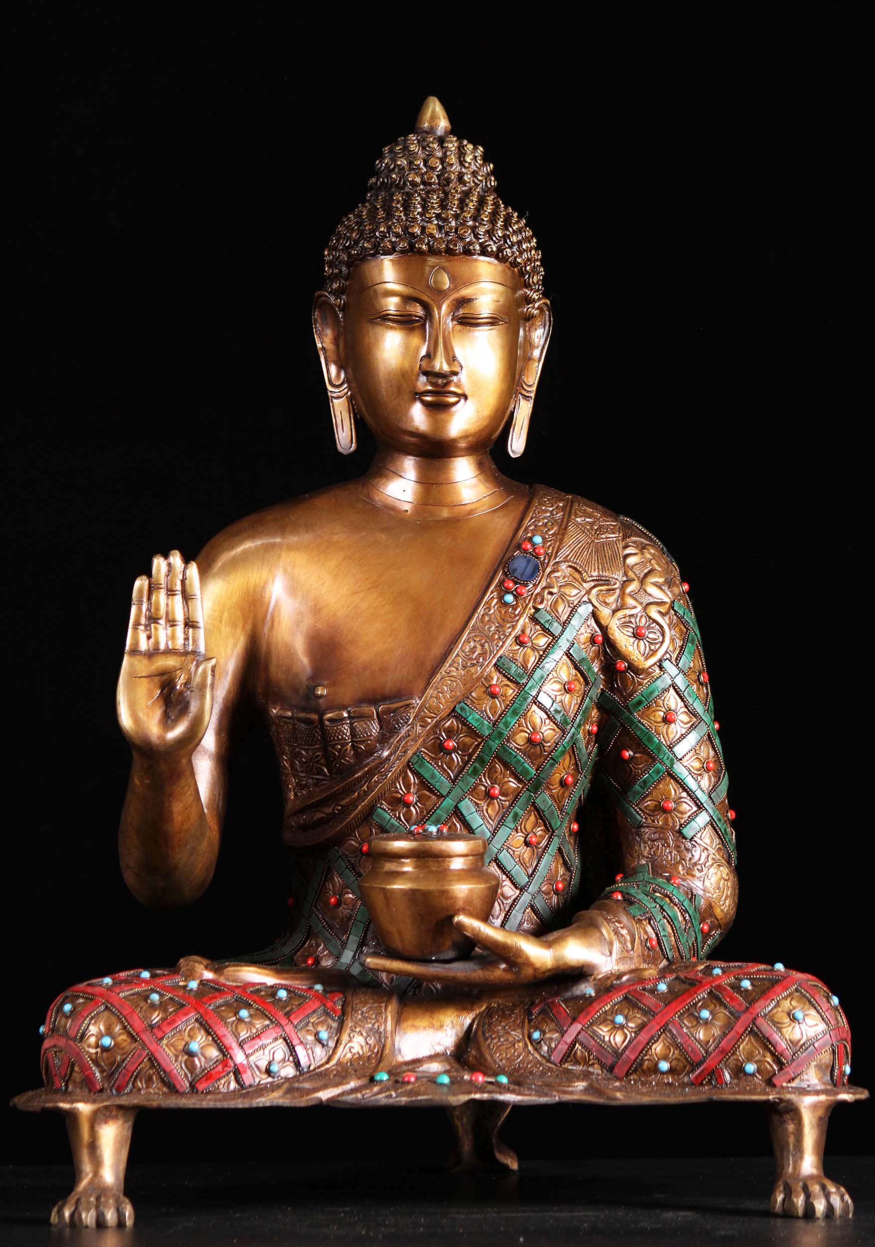 Buddha Statue with Alms Bowl Decorated with Colored Stones, Lion Foot Base 26"