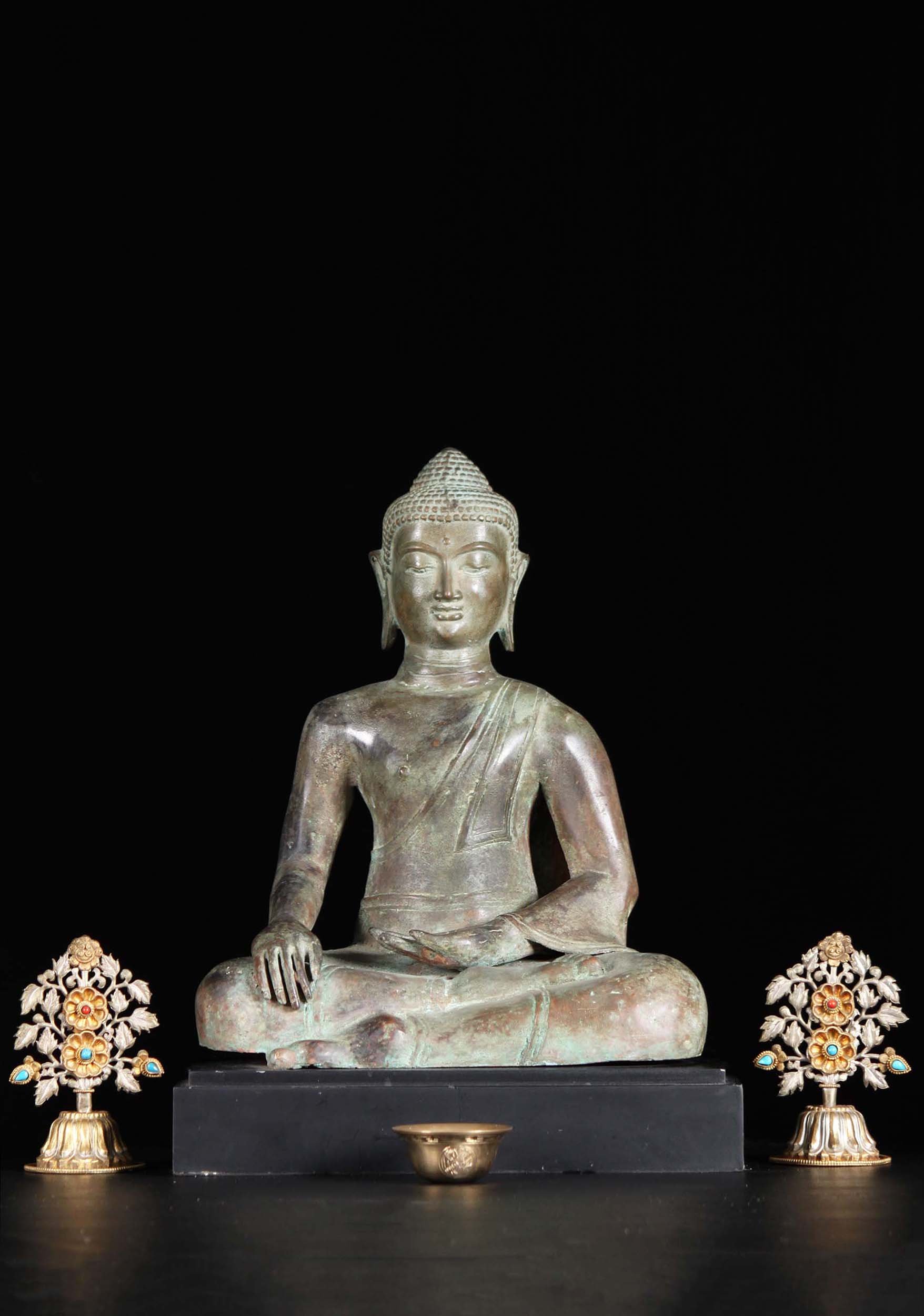 Brass Buddha Earth Touching Statue 0n Wood Stand 15"