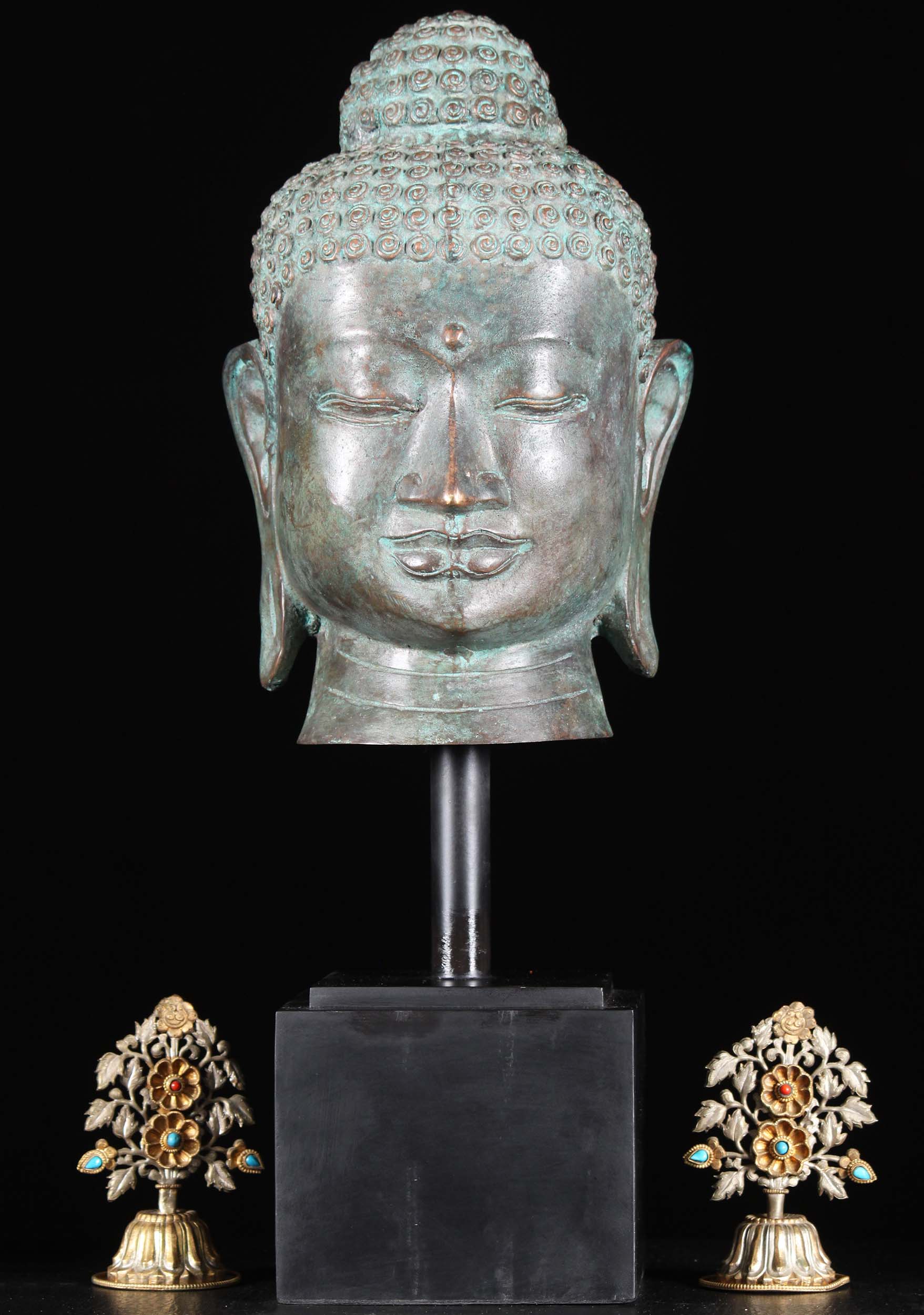 Brass Buddha Bust on Wooden Stand 22"