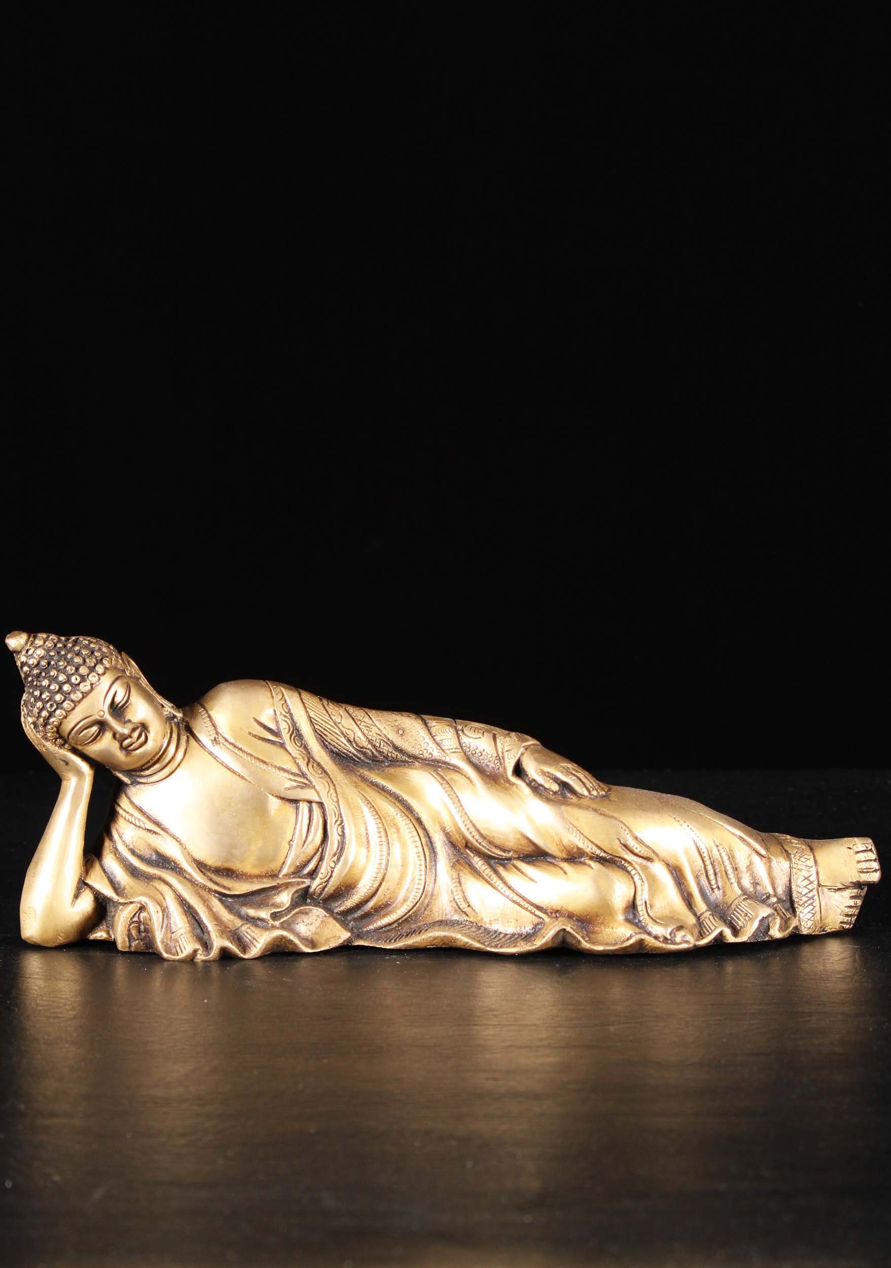 Brass Reclining Buddha Sculpture also Known as the Resting, Laying or Dying Buddha  11.5"