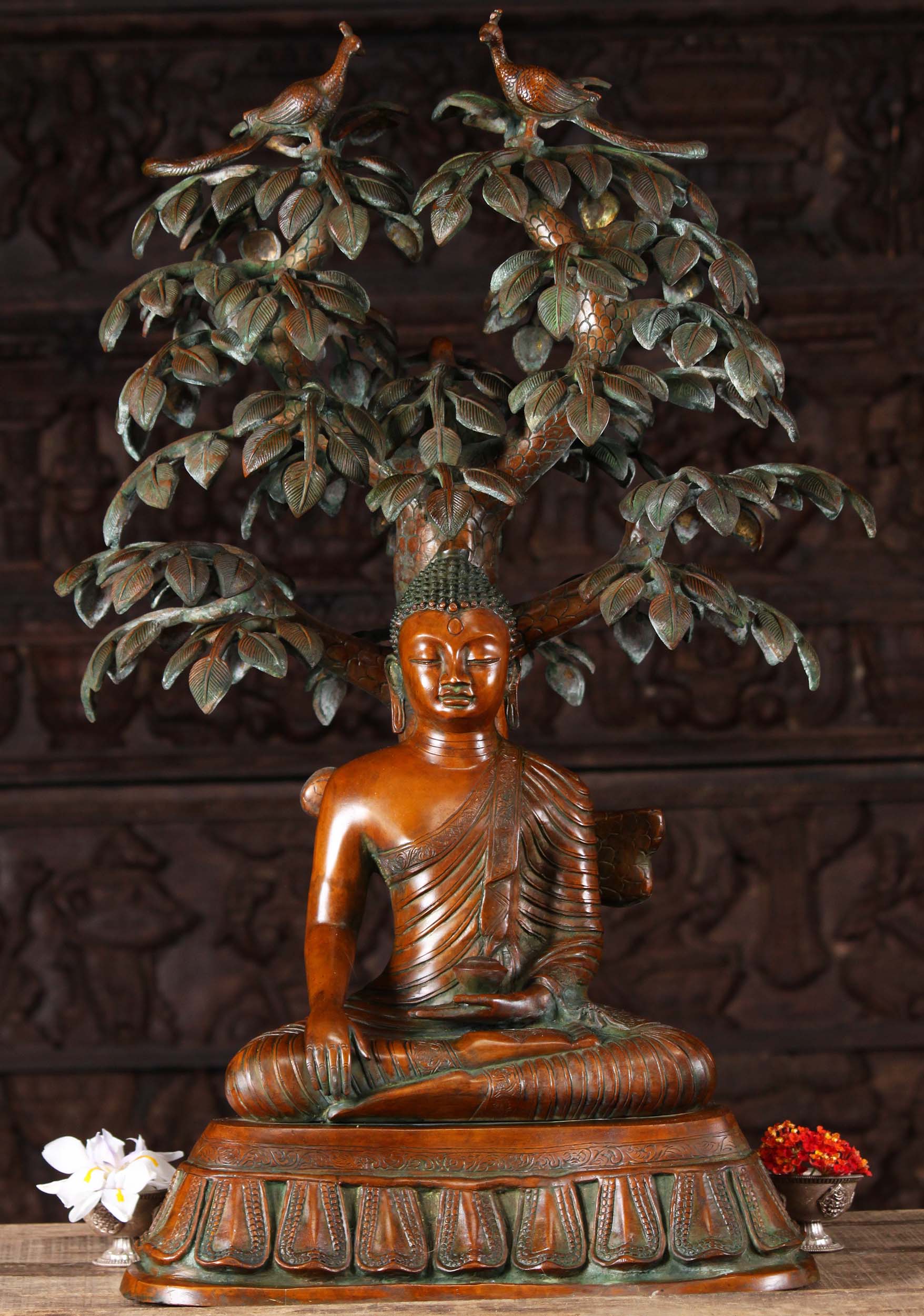 Copper Green Brass Buddha Seated Under Tree with Peacocks Statue 31"