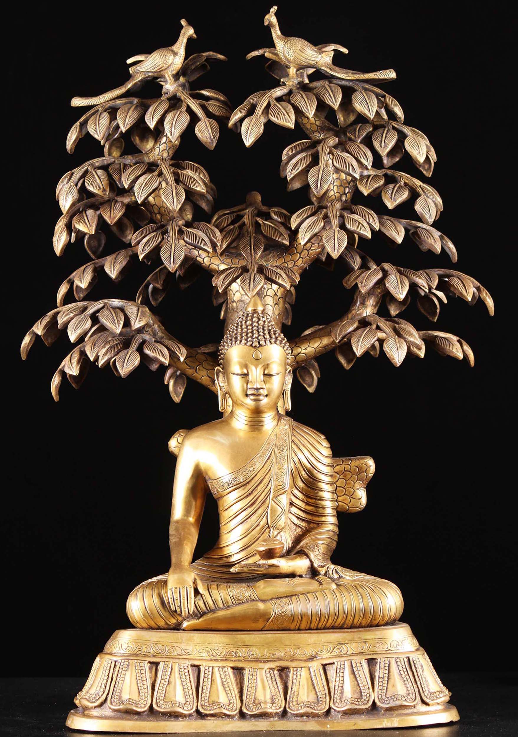 Brass Earth Touching Buddha Seated Under Tree Holding Alms Bowl with Two Peacocks 31"