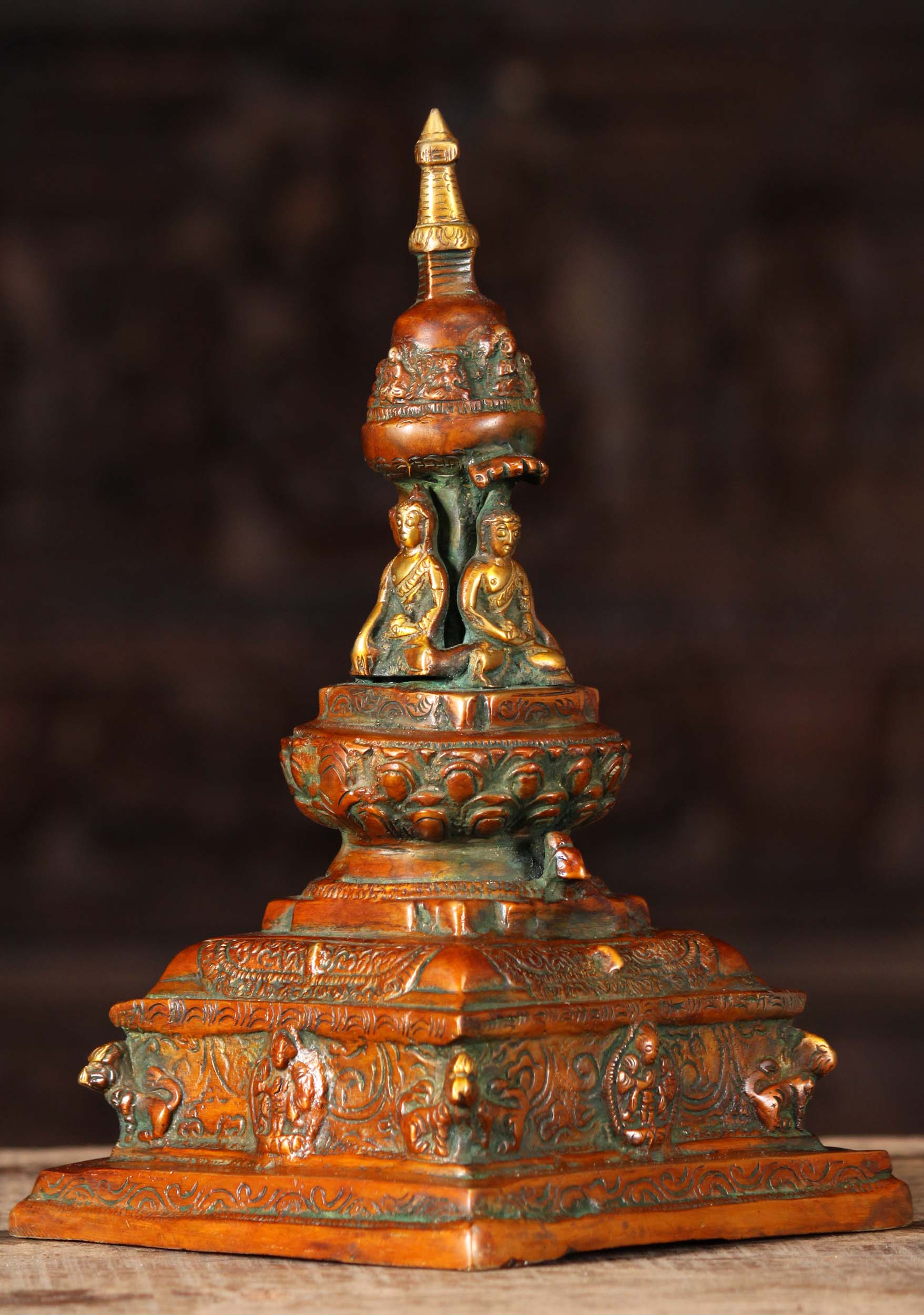 Brass Buddhist Stupa with 4 Buddhas 10"