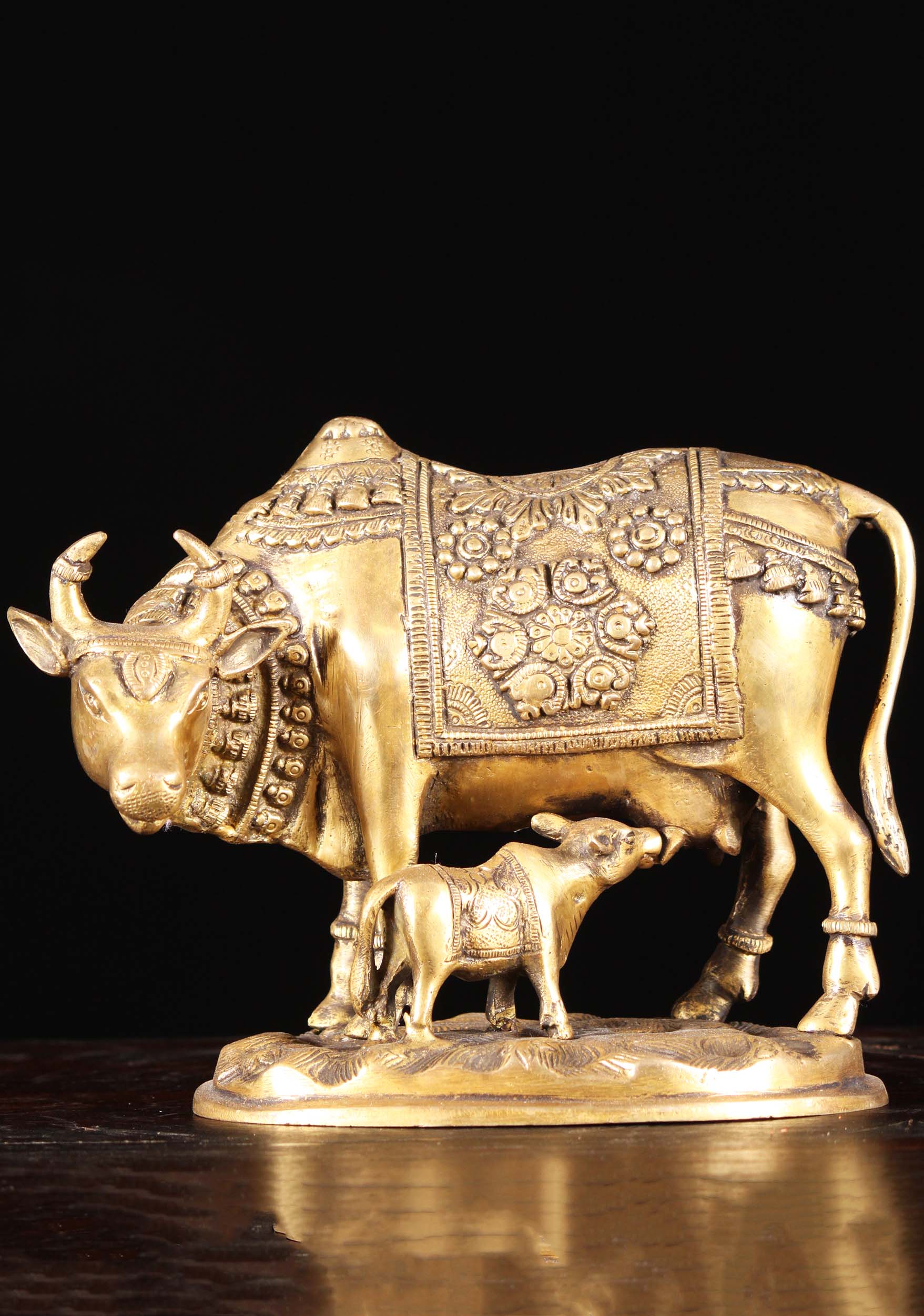 Brass Cow With Baby Calf Statue 7"