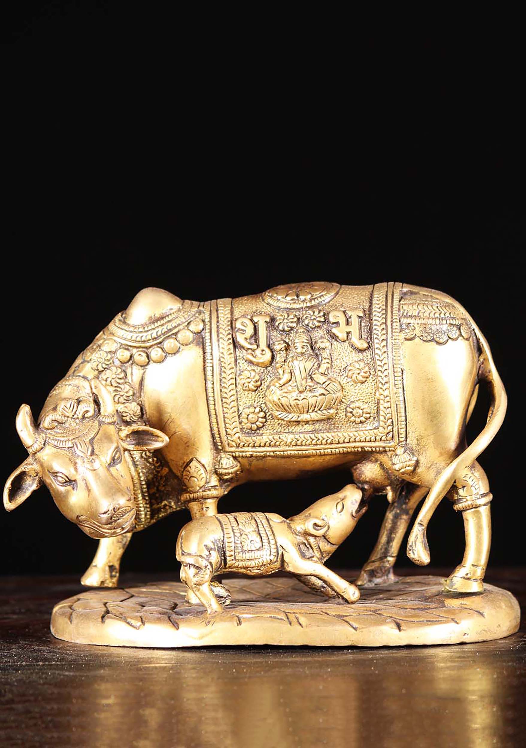 Sacred Indian Cow Statue with Nursing Calf with Bells and Ganesh & Lakshmi Decorative Rug on Back 5"