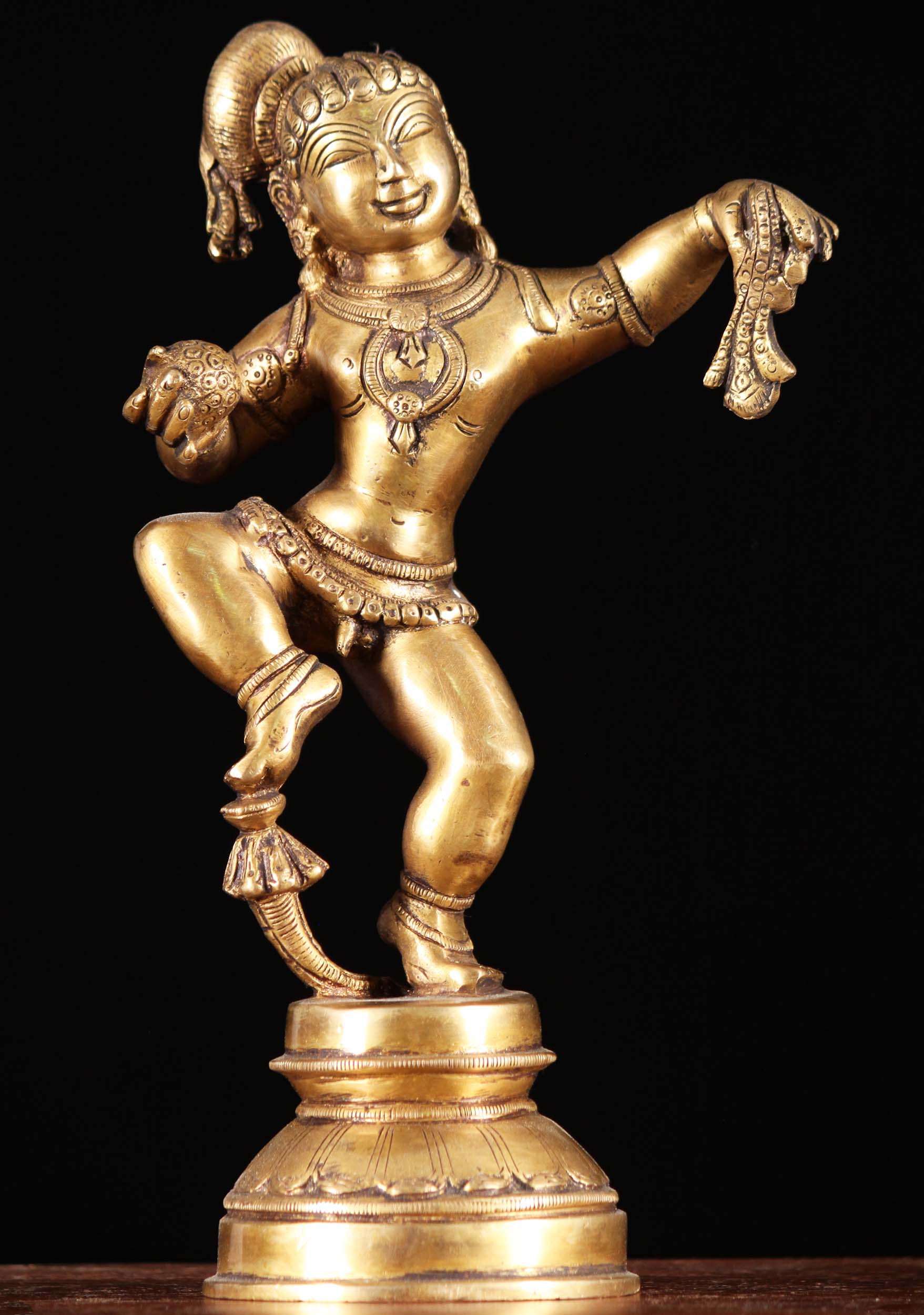 Brass Bala Baby Krishna Statue Dancing with Right Leg Raised in Delight Holding Butter Ball 11"