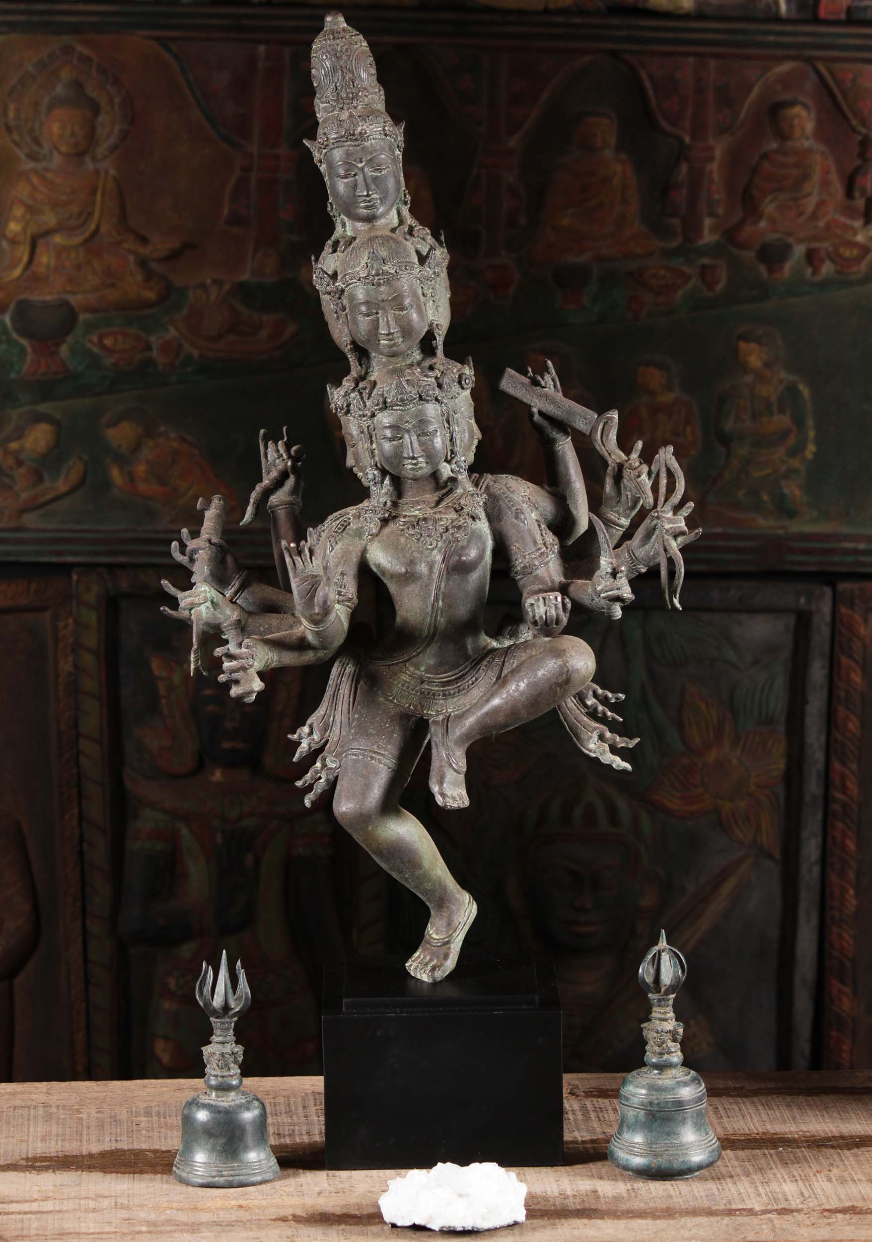 Brass Dancing Shiva With 9 Heads & 10 Arms 32"