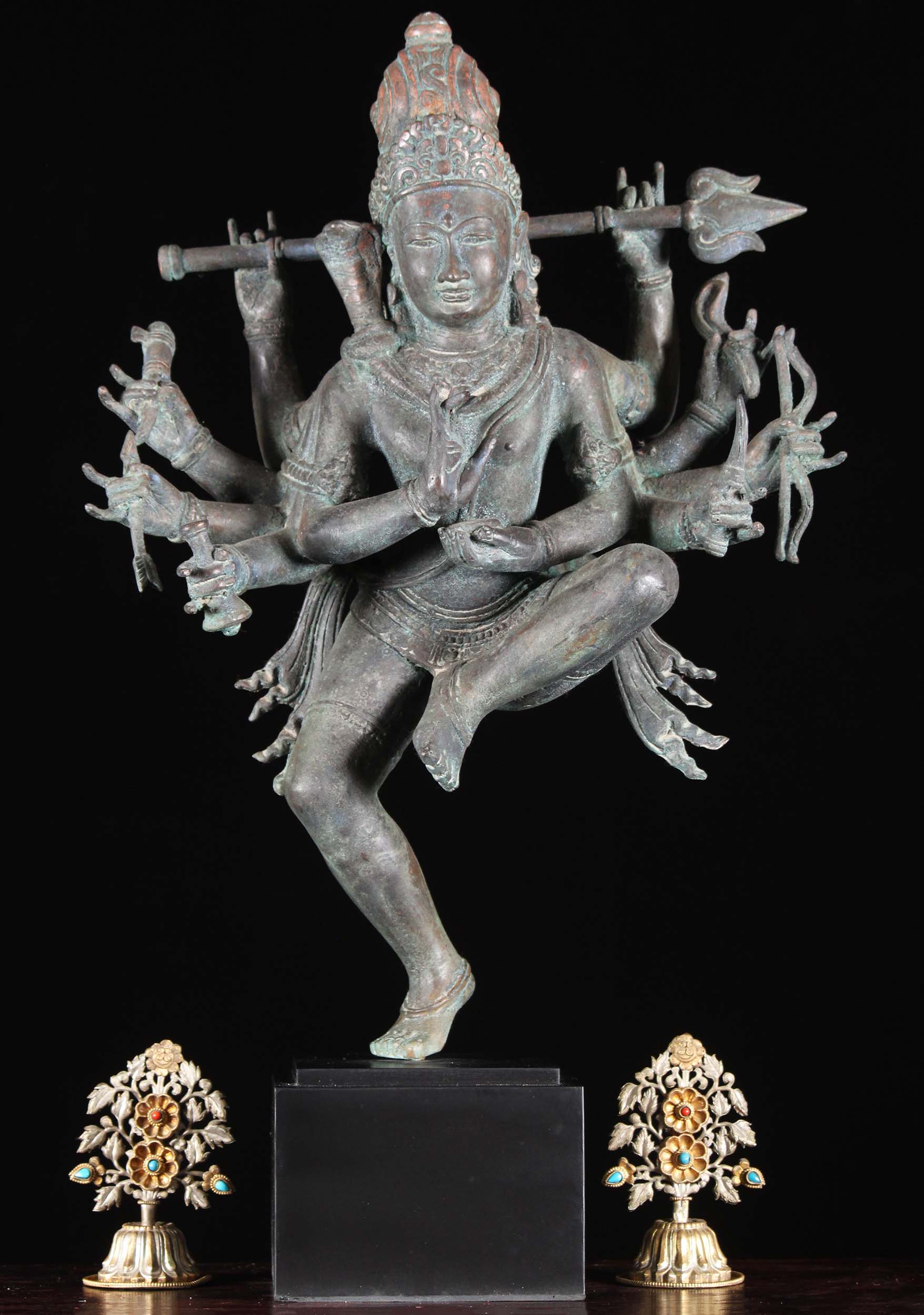 Brass 10 Armed Shiva Statue Holding Trident 25"