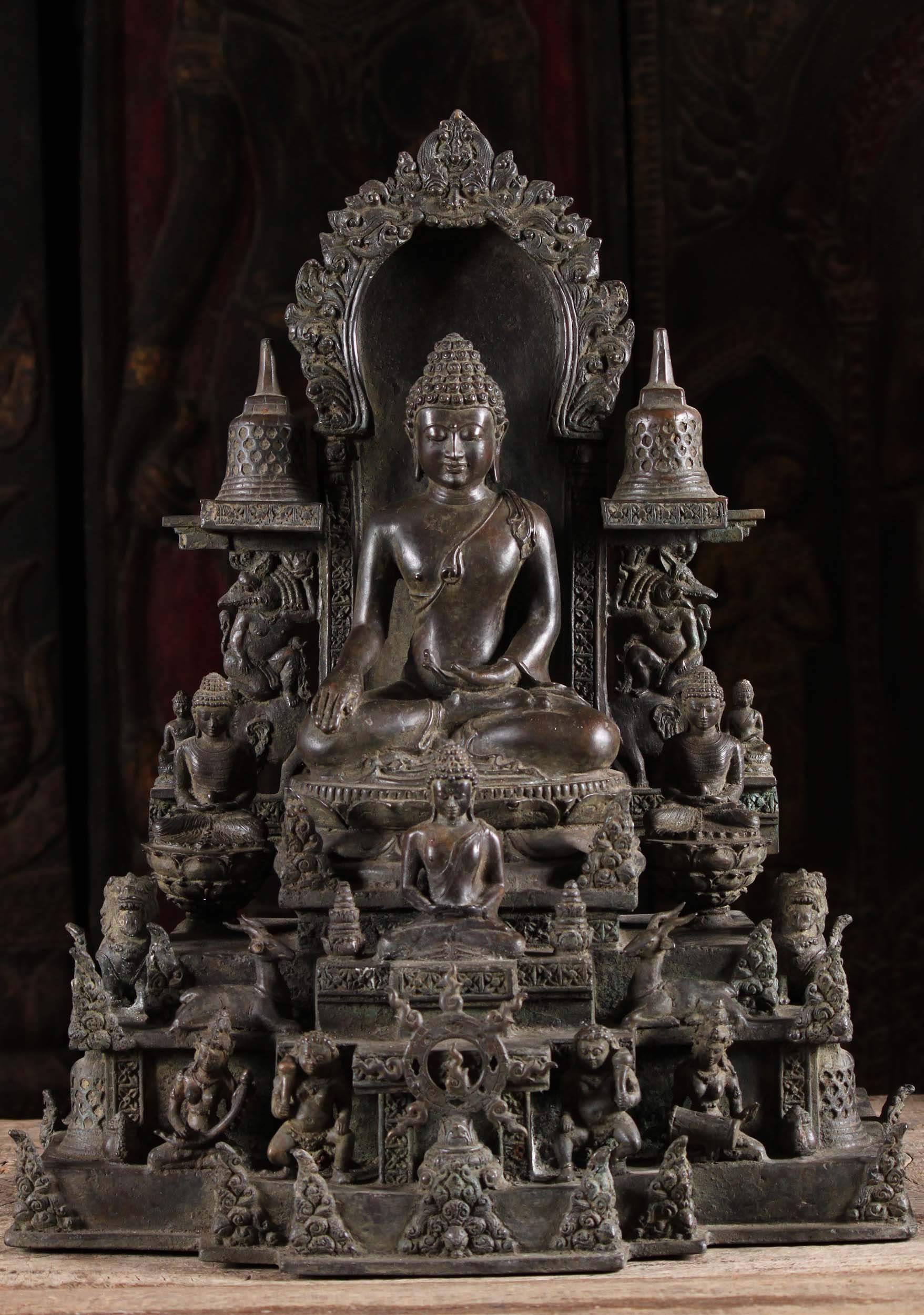 Brass Dharma Buddha Statue With Stupas 21"