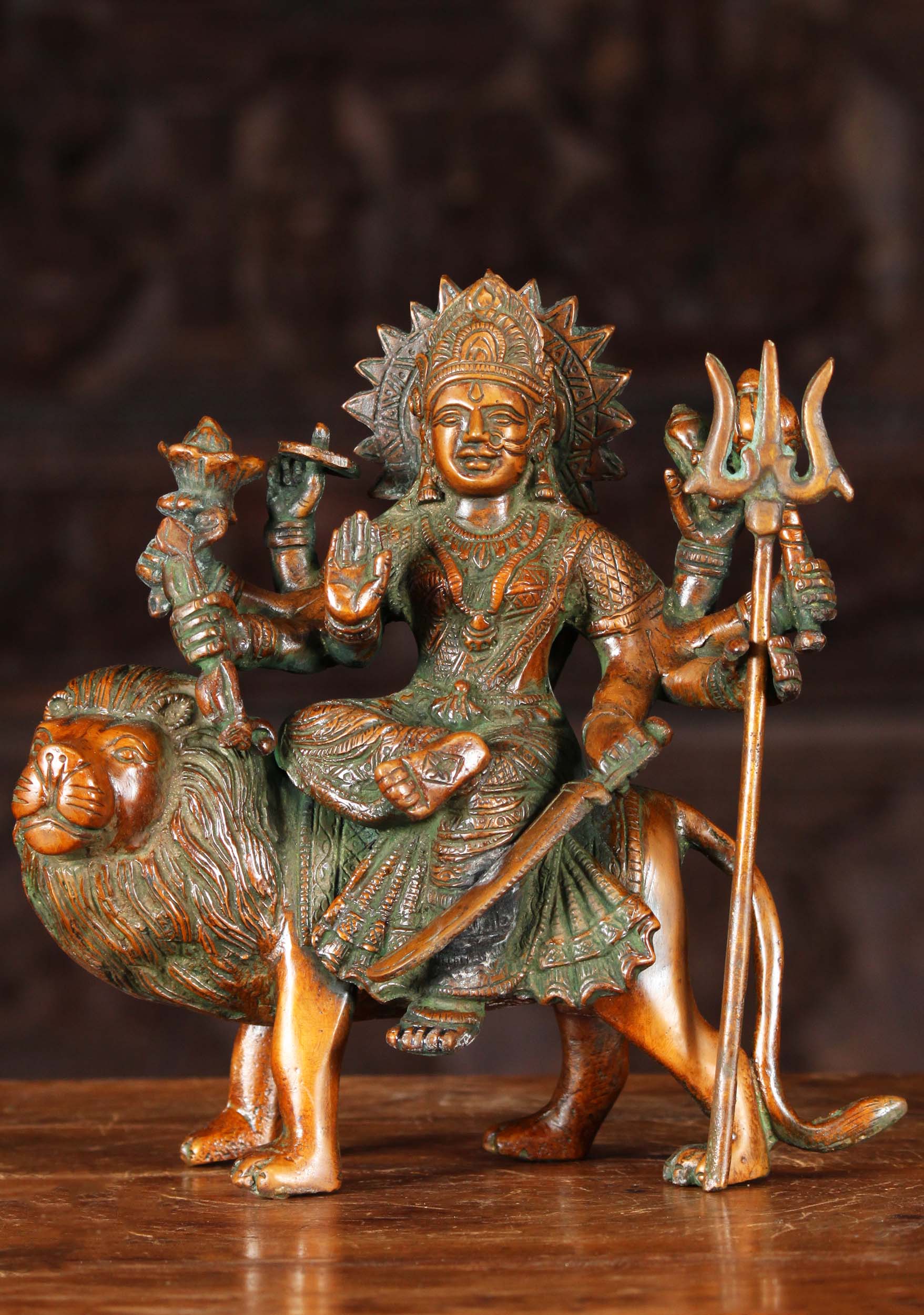 Brass Durga Statue Holding Trident with Lion 9" (#72bs68z): Hindu Gods