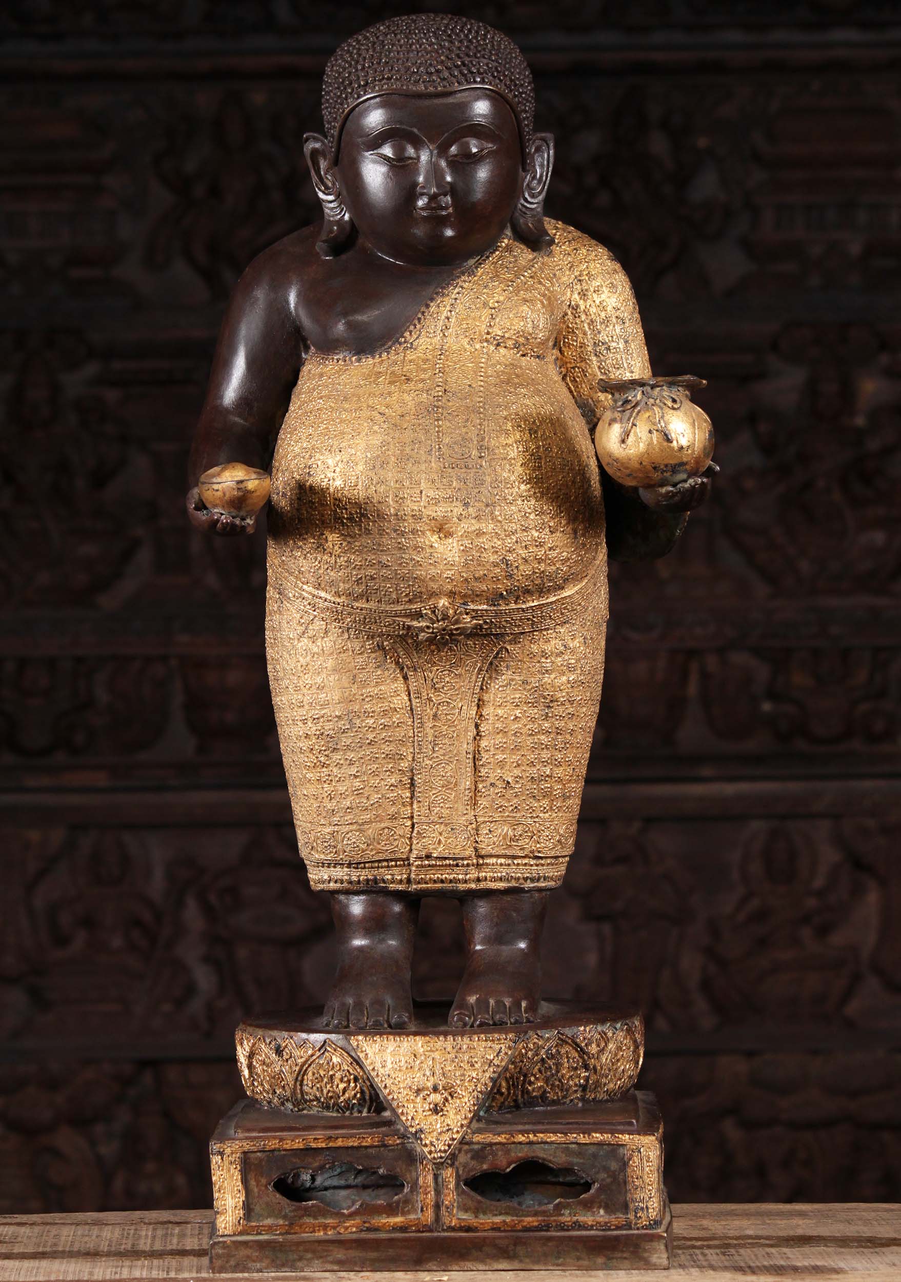 Brass Fat Buddha Statue Holding Bag of Gold 31"