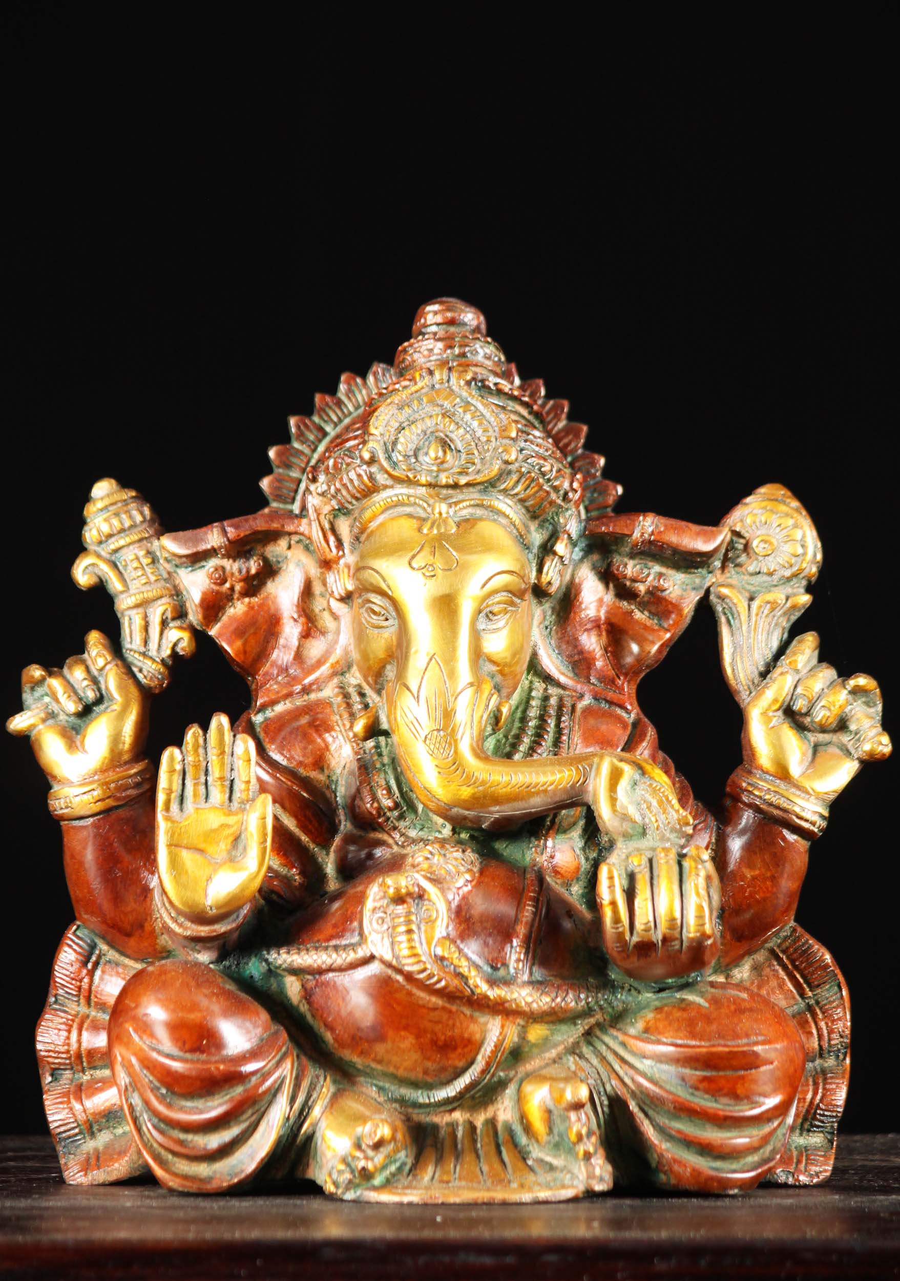 Brass Ganesh Statue with His Right Hand Up, Palm Open in the Abhaya Mudra & Trident Tilak 9"