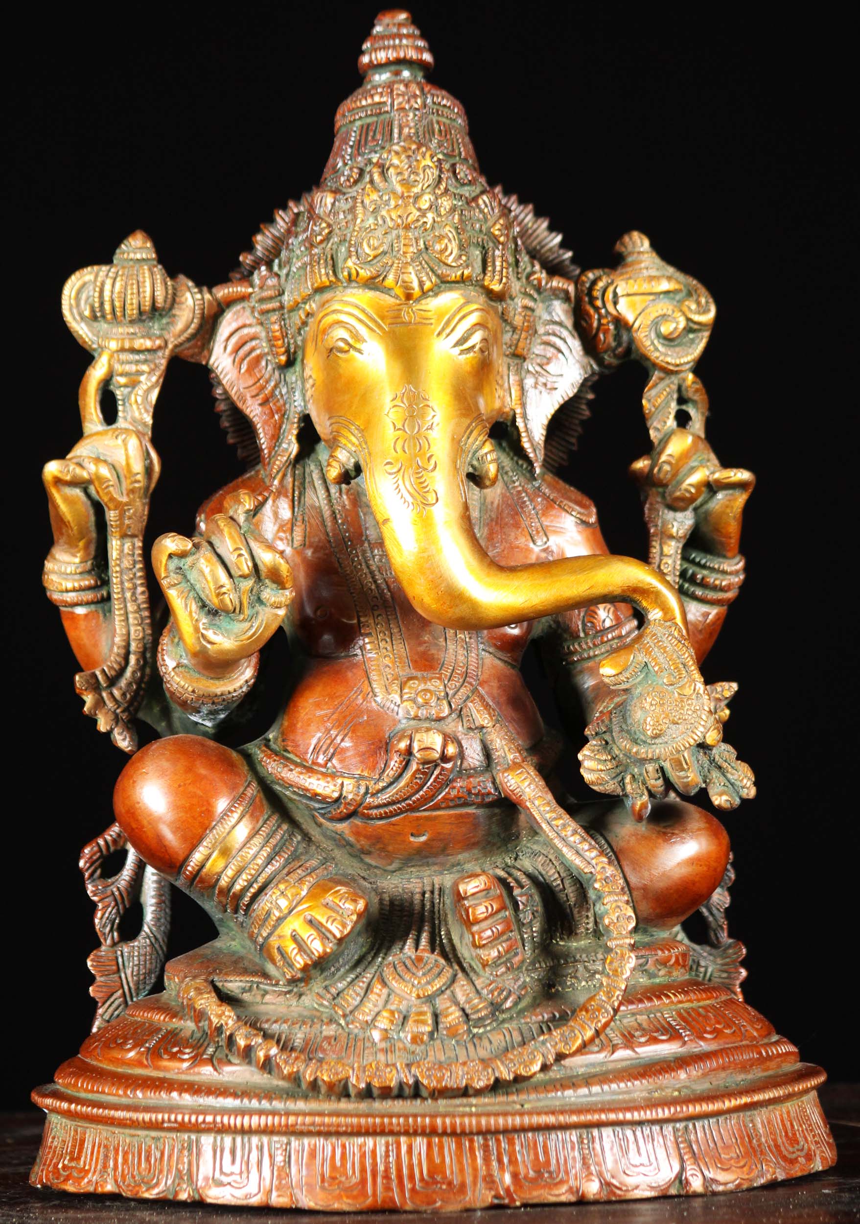 Brass Ganesh Statue Wearing Cobra Belt with Laddus and Broken Tusk Seated on Lotus Base 11"